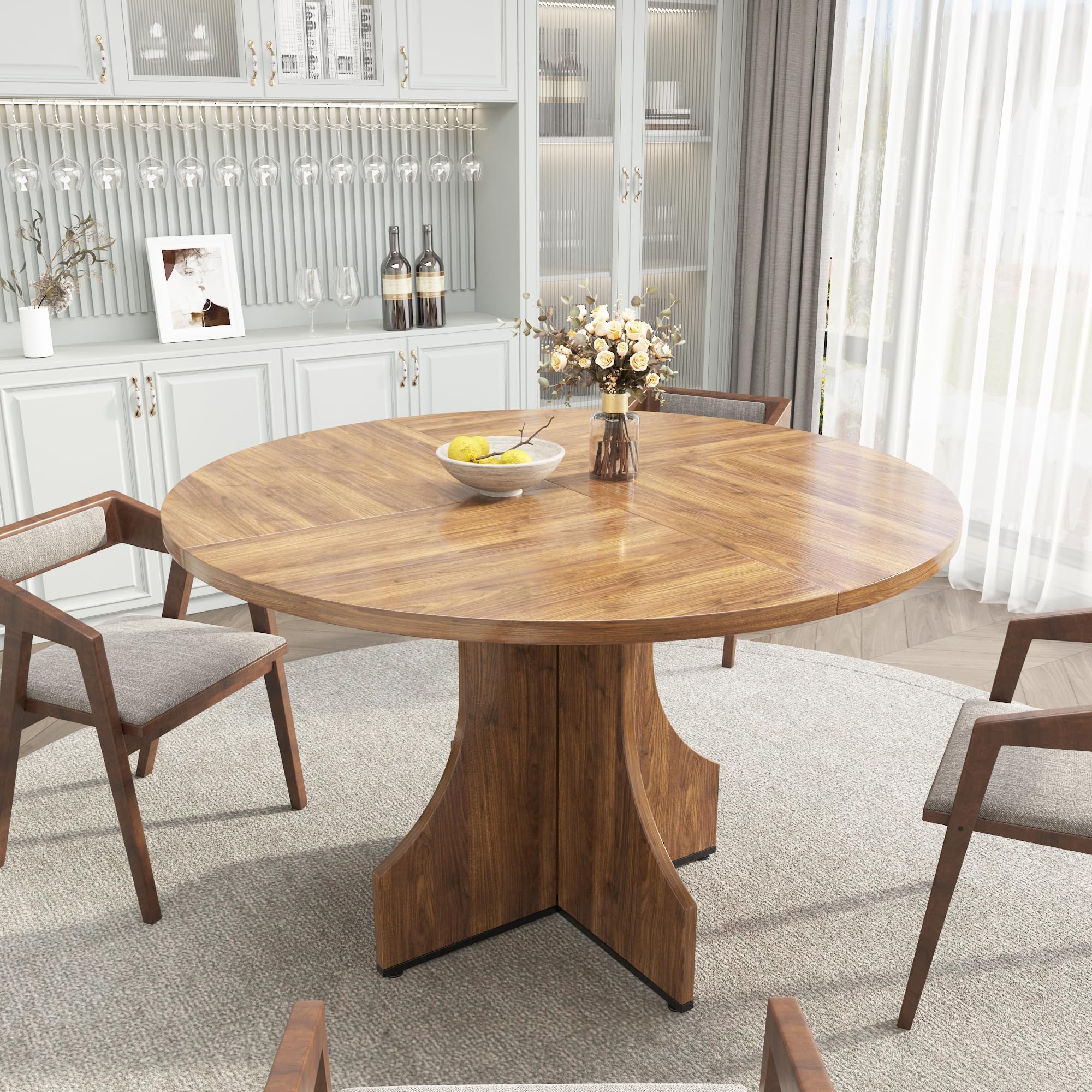 Garvee Mesa de Comedor Redonda de 120 cm para 4-6 Personas, Mesa de Cocina Moderna de Estilo rústico con Estante Inferior, Patas Regulables en Altura, fácil Montaje, Color Nogal