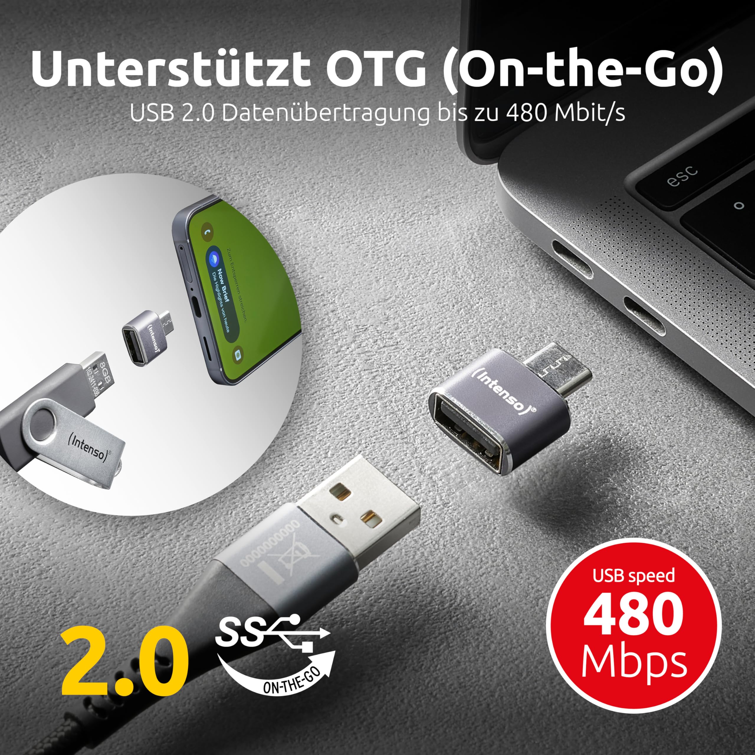 Intenso Adapter USB-A zu USB-C (A480C) 3 Stück, 480 Mbit/s High-Speed USB 2.0, OTG, Aluminium, Grau - 3