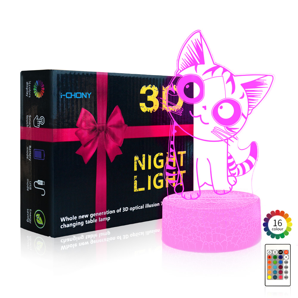 Image of i-CHONY Cat Night Light, 3D Optical Illusion Lamp, 16 Colors | Dimmable, Luminous Base, Cat Gifts, Bedside Lamp, Home Decor