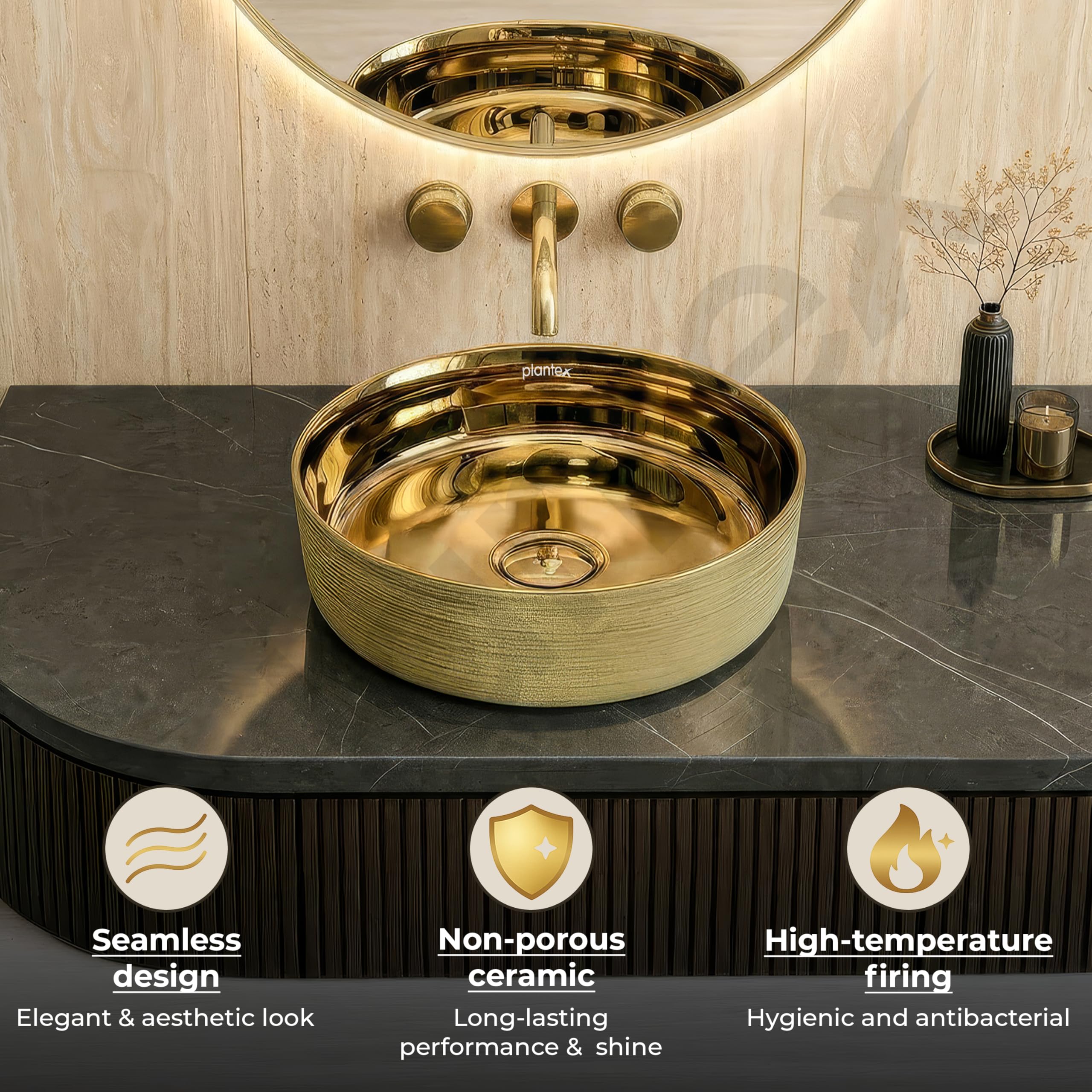 Plantex Ceramic Washbasin/Tabletop Wash Basin/Countertop Vessel Sink for Bathroom/Livingroom Decor - Indo-European Collection (Gold -14.4 x 14.4 x 5 Inch) 2