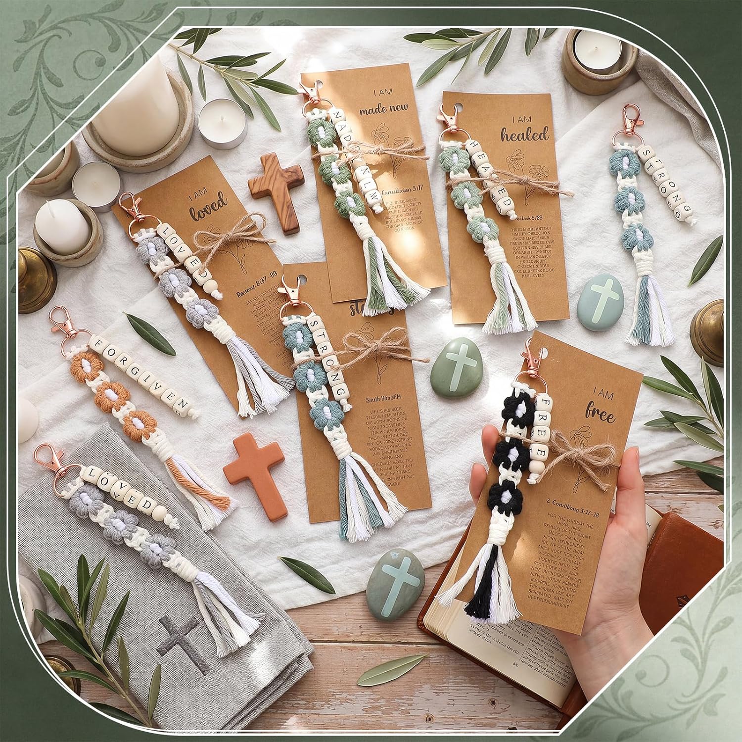 Gerrii 12 Set Mother's Day Keychains Bulk Christian Gifts for Women Christian Bookmarks with Inspirational Bible Verses Macrame Tassel Keychain Back to School Classroom Prize Bible Verse Gift (Dark)