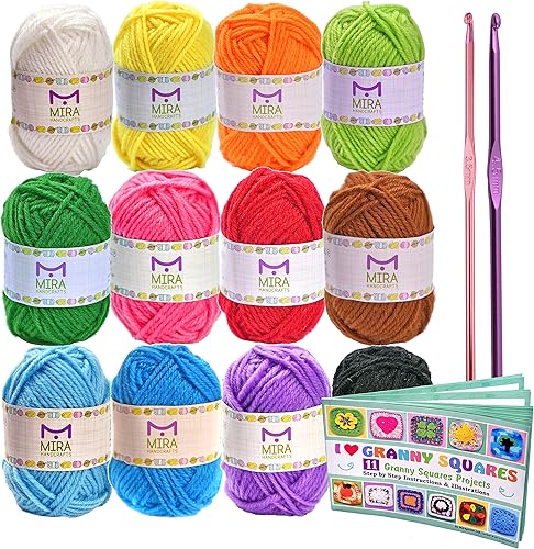 Mira HandCrafts - Hilo acrílico para ganchillo y tejer, 2 ganchillos, 2 agujas de plástico, 4 marcadores de costura, 7 libros electrónicos con