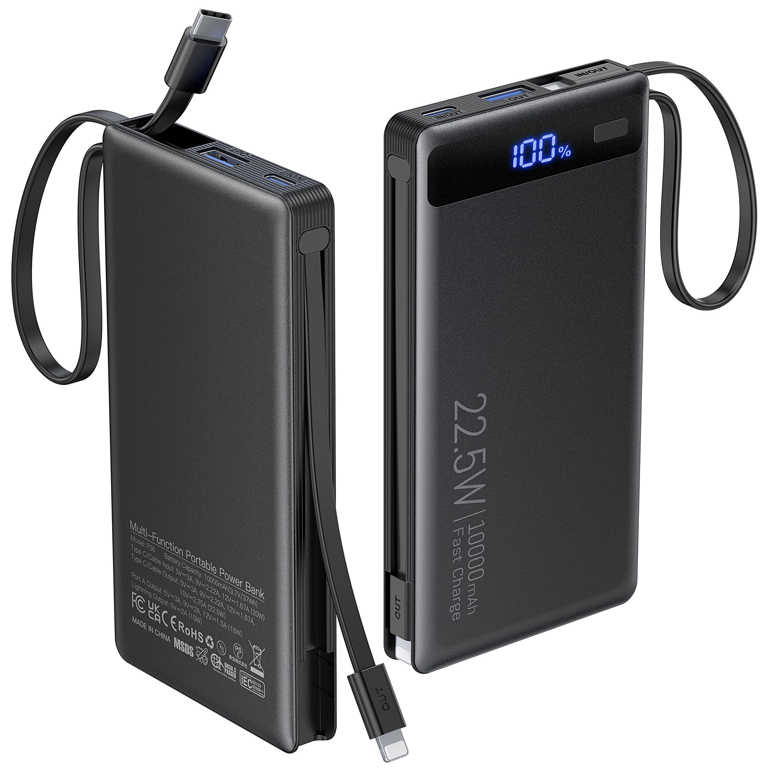 Banco de energía con cables dobles integrados, carga rápida de 10000 mAh, cargador portátil PD de 22.5 W con pantalla de nivel de batería y 4 puertos, compatible con iPhone 17/16/15/14, dispositivos