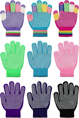 Whaline 9 Pairs Kids Anti-Skid Magic Gloves Stretchy Winter Warm Knitted Gloves Colorful Full Finger Grip Anti-Slip Children Gloves for Boys Girls
