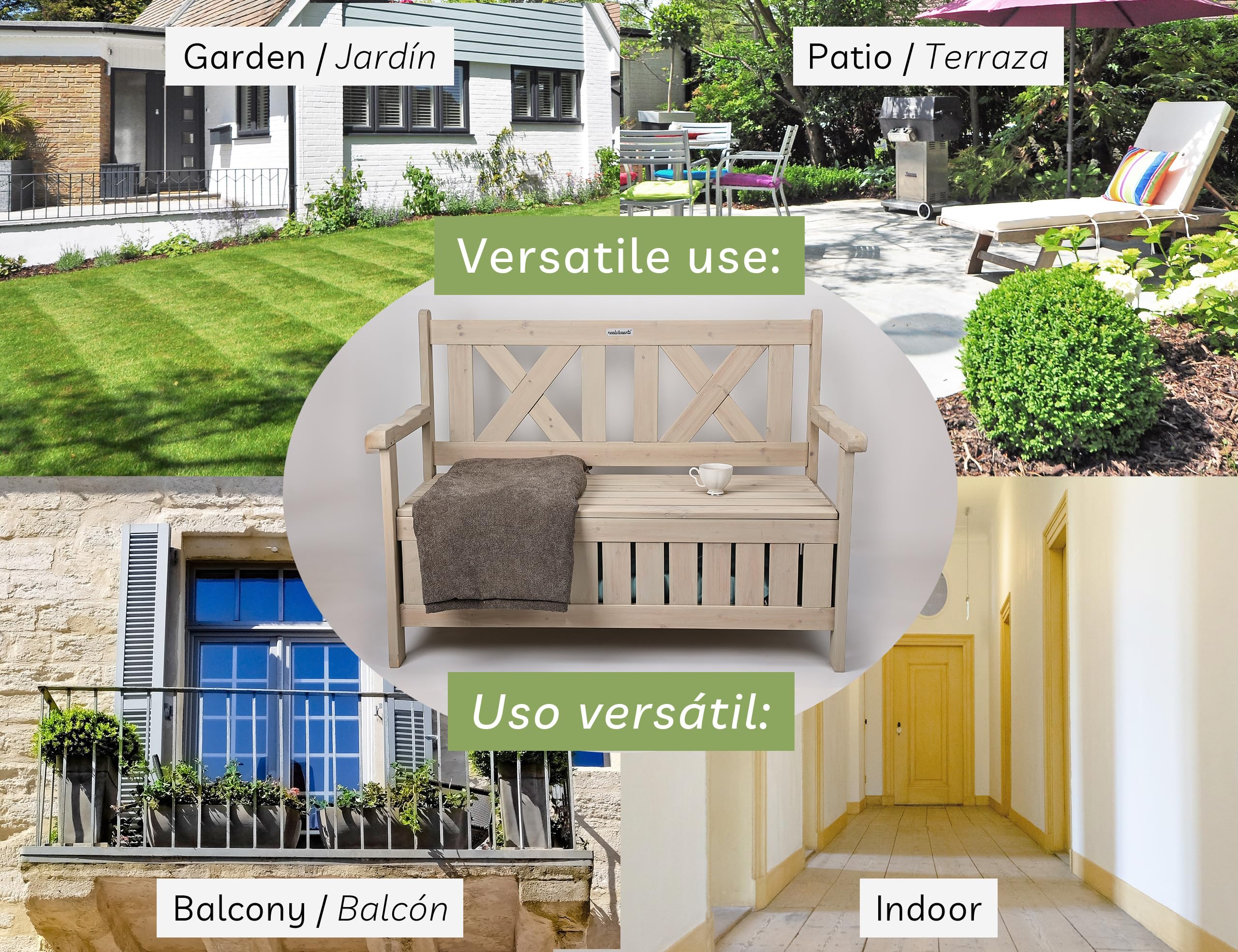 needs&wants® Banco de jardín de madera resistente a la intemperie con espacio de almacenamiento y cubierta, banco de 2 plazas, banco de madera maciza, banco de parque, banco de jardín macizo con baúl,