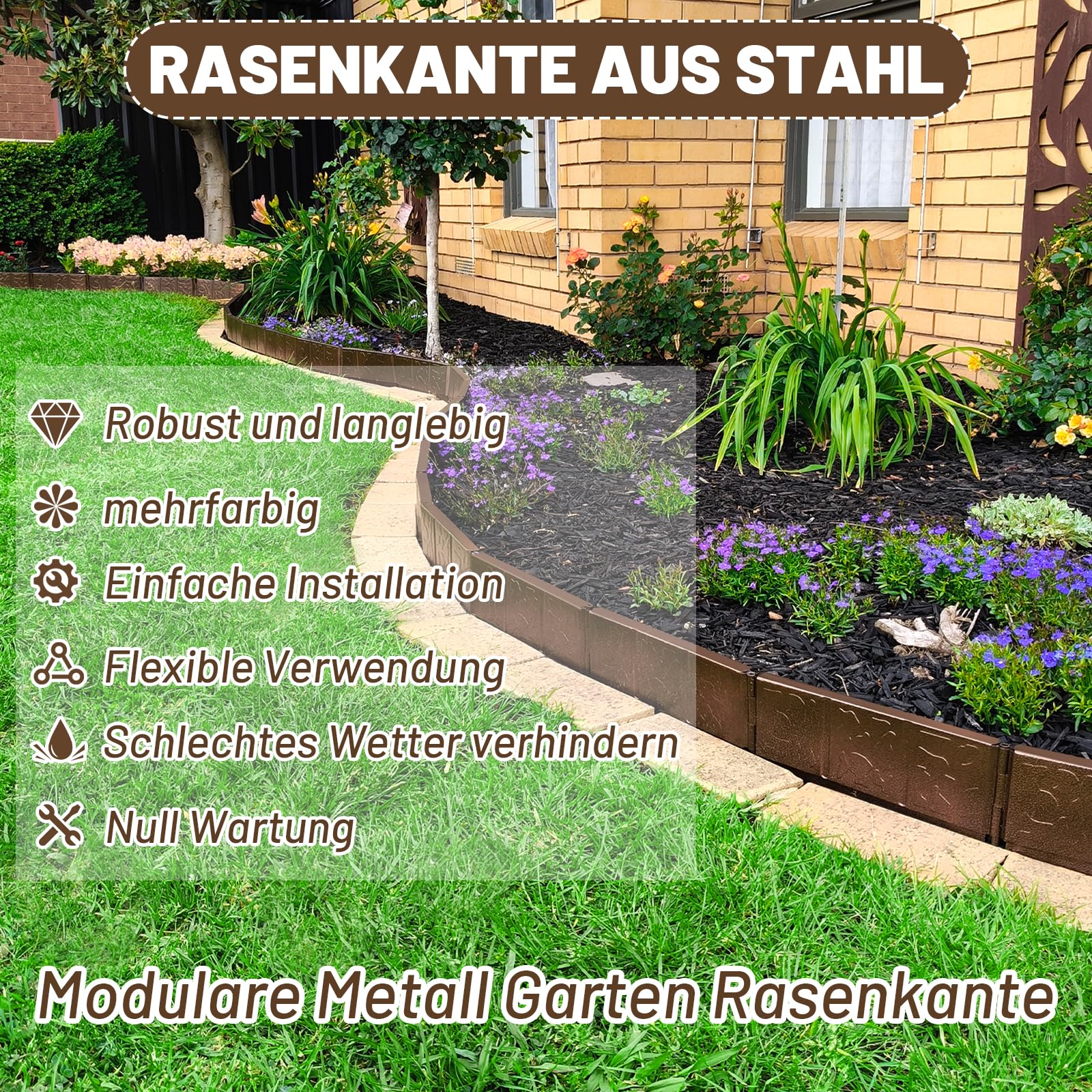 Audemar Metall Rasenkante Flexible Beetumrandung 10cm x 30cm Wetterfestes Einfache Montage Beeteinfassung für Garten, Beet, Beetgestaltung, Rasen und Wege inkl. 10 Stück Macht 3M, Bronze