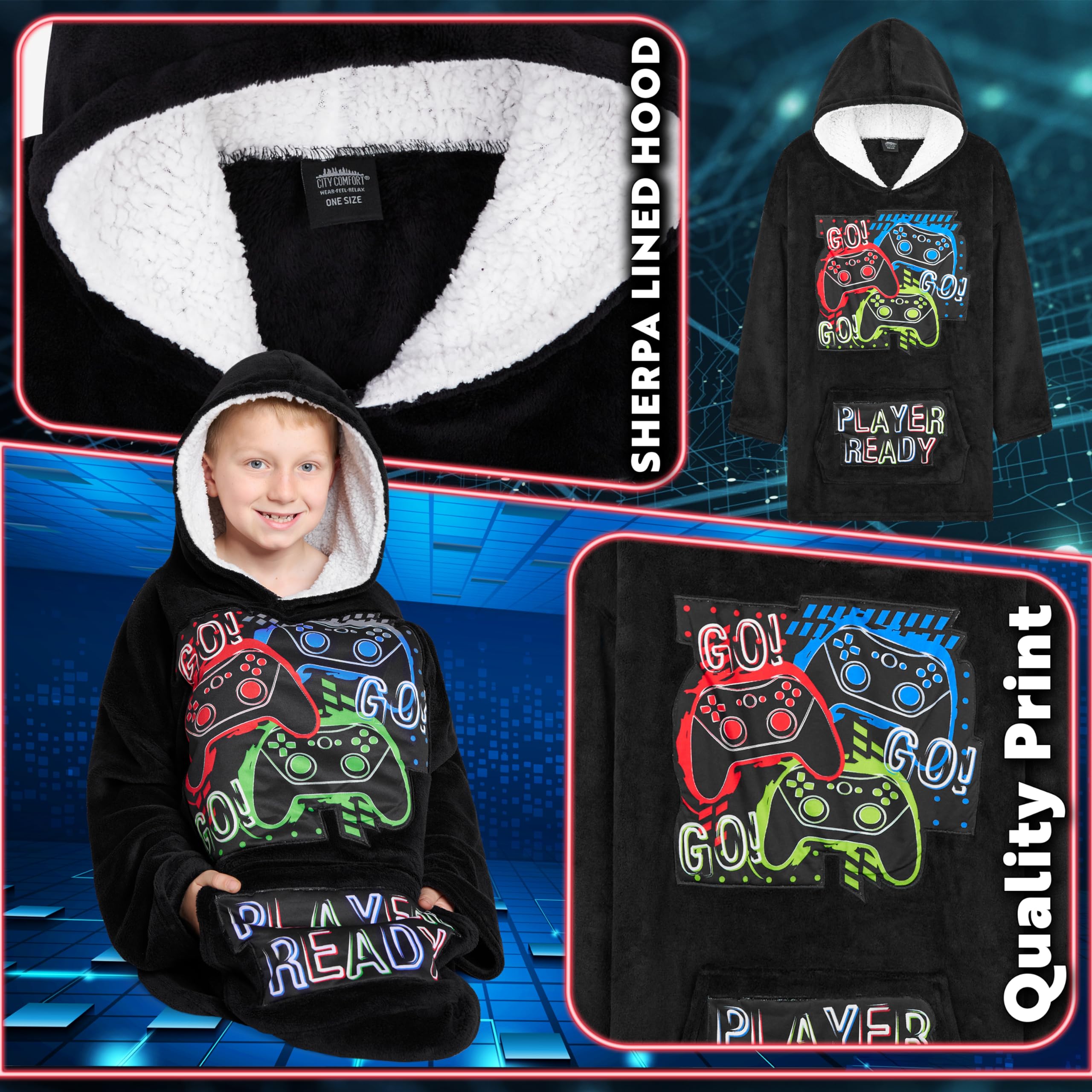 CityComfort Felpa Coperta Bambino - Felpe Oversize con Cappuccio in Morbido Pile Taglia Unica - Regalo per Gamer