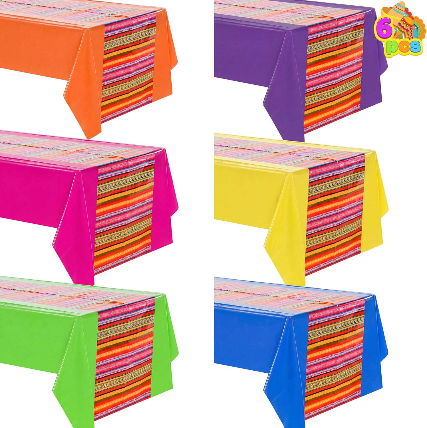 JOYIN 6 pcs Mexican Fiesta Tablecloth 54 x 108'' Party Plastic Tablecloth Striped Table Cover for Cinco De Mayo Decorations, Taco Night, Birthday Decor, and Mexican Themed Party