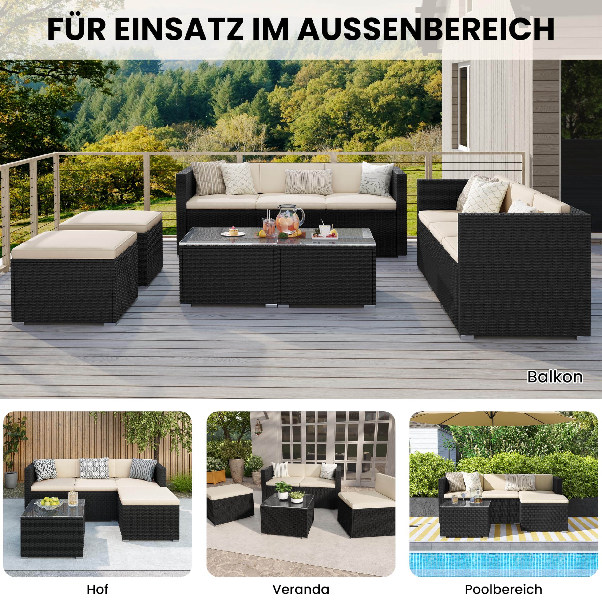 Yaheetech 5er Gartenmöbel Set Balkonmöbel Set aus PE-Rattan Wetterfest | Terassenmöbel Außen mit 2 Ecksofa & Sofa & Stuhl & Beistelltisch & Sitzkissen für Garten/Balkon/Terrasse, Schwarz & Beige
