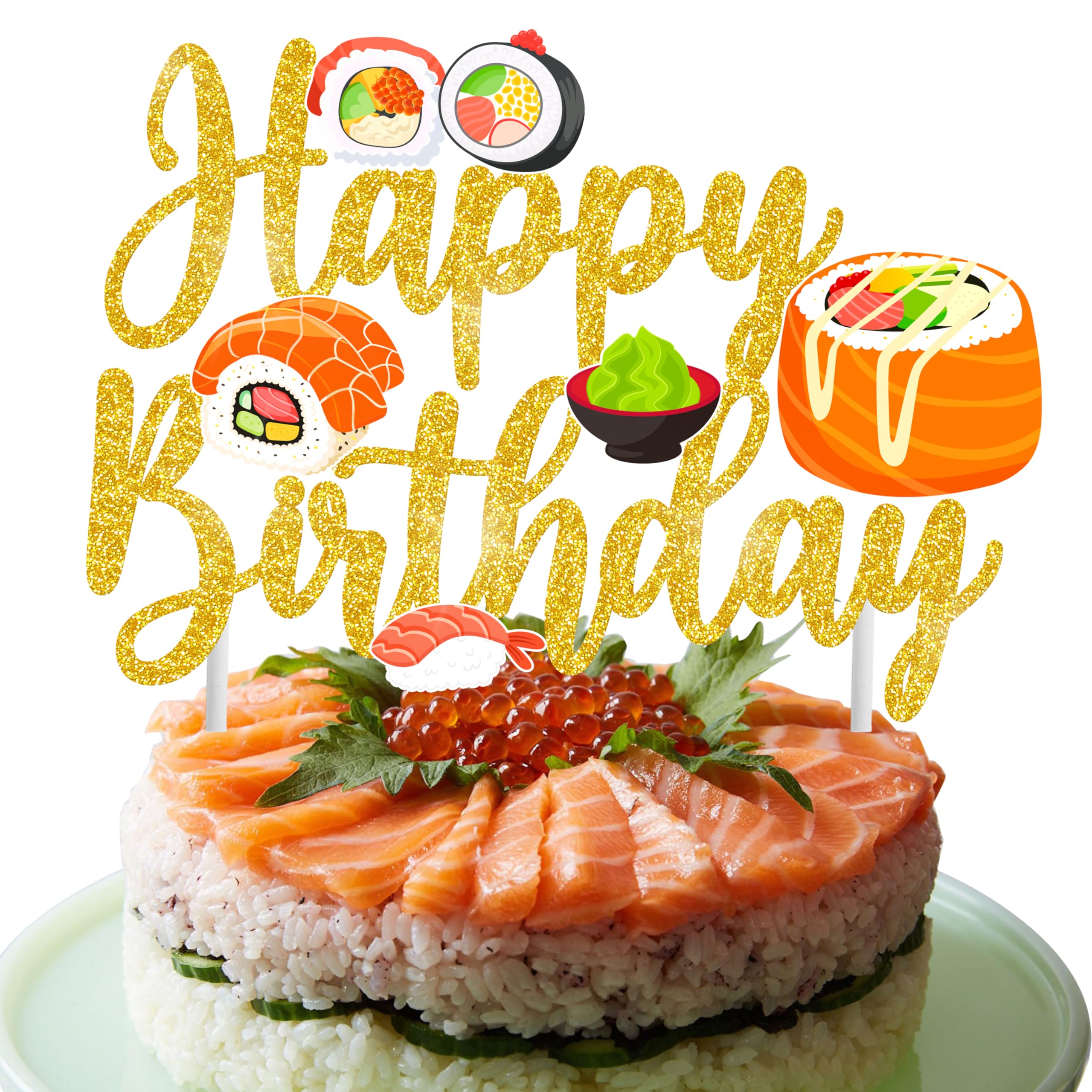 Glittery Gold Sushi Birthday Cake Topper - 'Let's Roll' Sushi Party Decoration for Japanese Themed Events