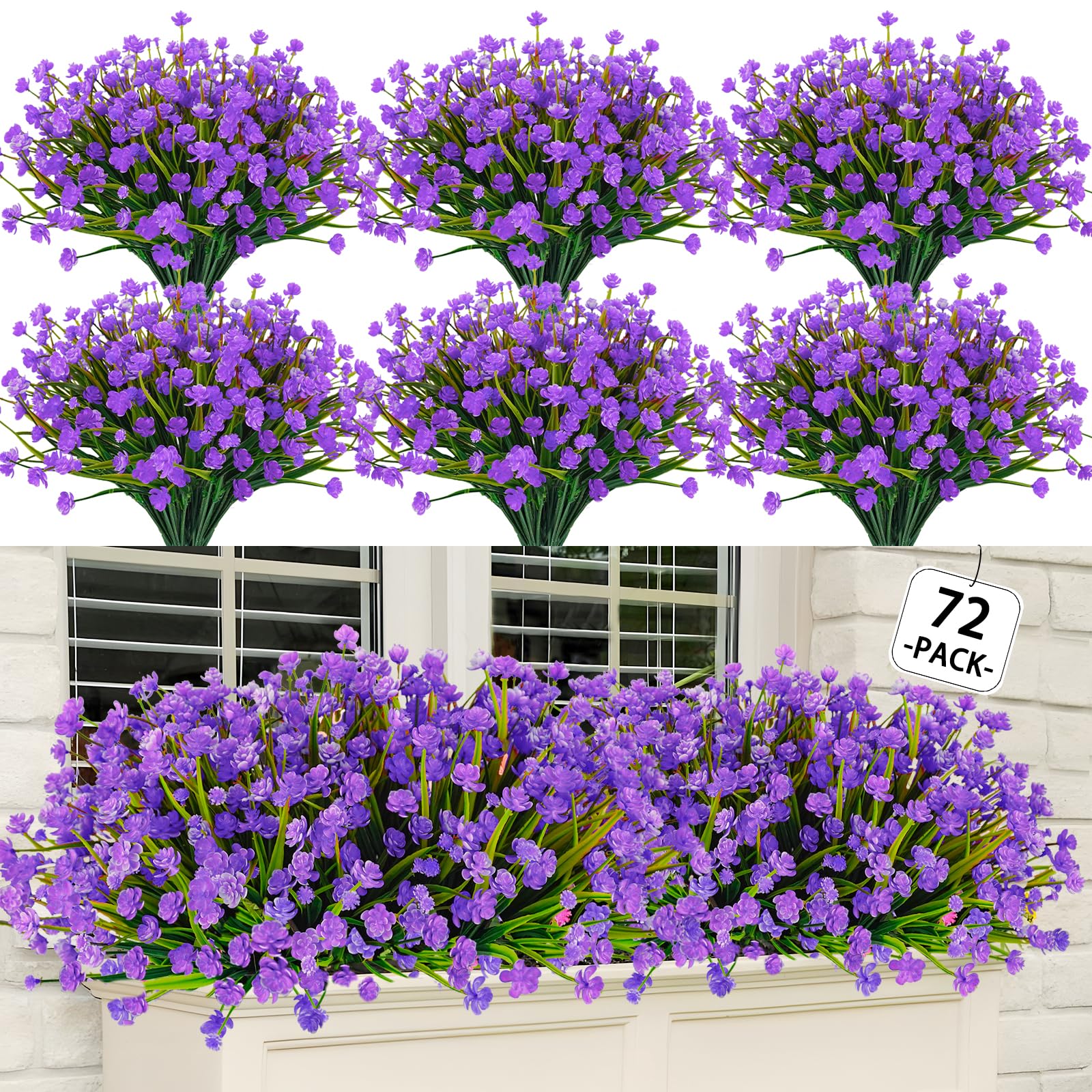 unlemoni Artificial Flowers Outdoor, 72 Bundles UV Resistant Faux Outdoor Flowers, Plastic Fake Plants Shrubs Greenery for Outside Planters Hanging
