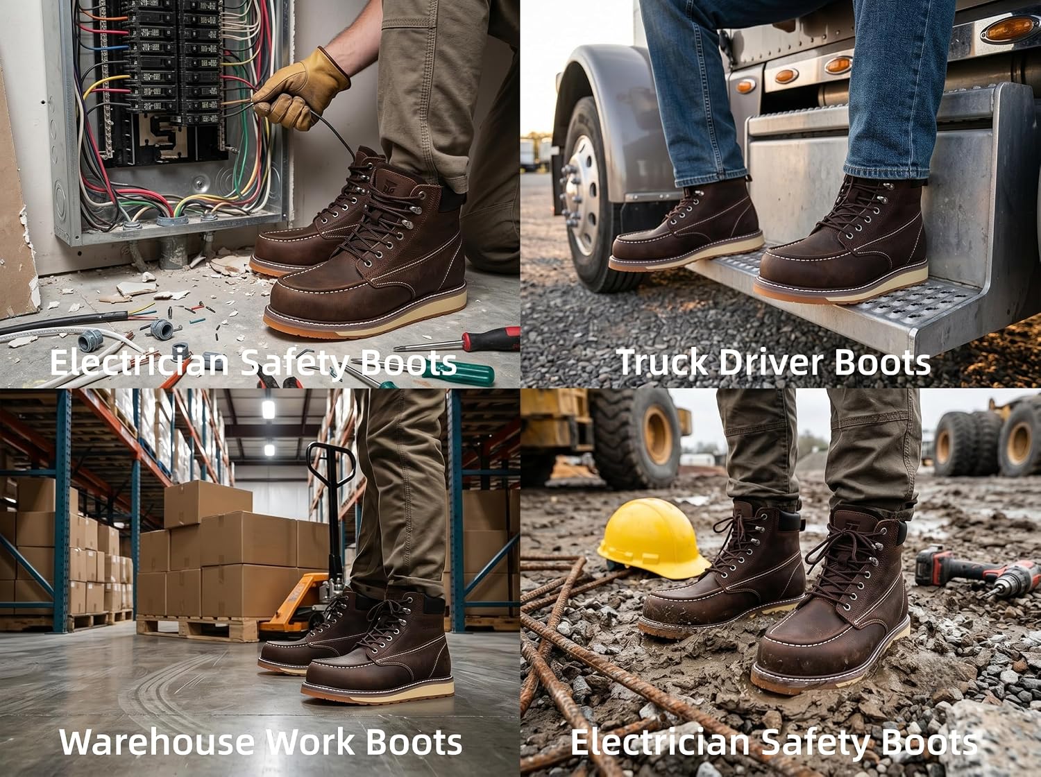 Moc Toe Work Boots for Men Water Resistant – Soft Toe & Steel Toe Available, Comfortable Full Grain Leather Non-Slip Wedge Outsole Construction Workboots