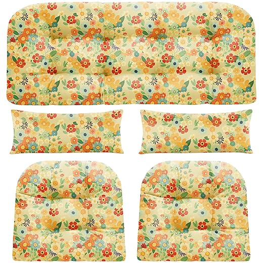 PITCTCHIC Wicker Chair Cushions of 5 Pieces, Waterproof Outdoor Loveseat Cushion for Wicker Furniture, 1 Love Seat Cushion, 2 U-Shape and 2 Lumbar Pillows for Patio Furniture (Yellow Chrysanthemum)
