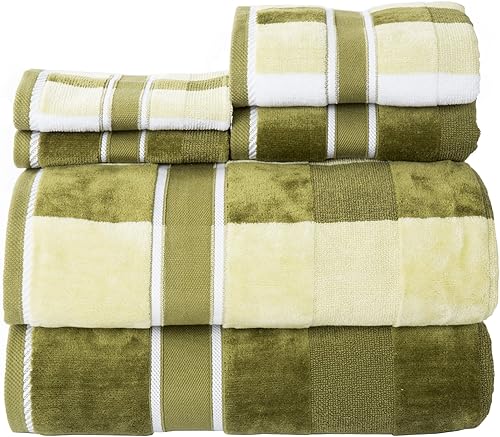 Lavish Home - Juego completo de toallas de baño de 6 piezas, lujosas toallas de algodón absorbente a rayas y sólidas, lavables a máquina (verde)