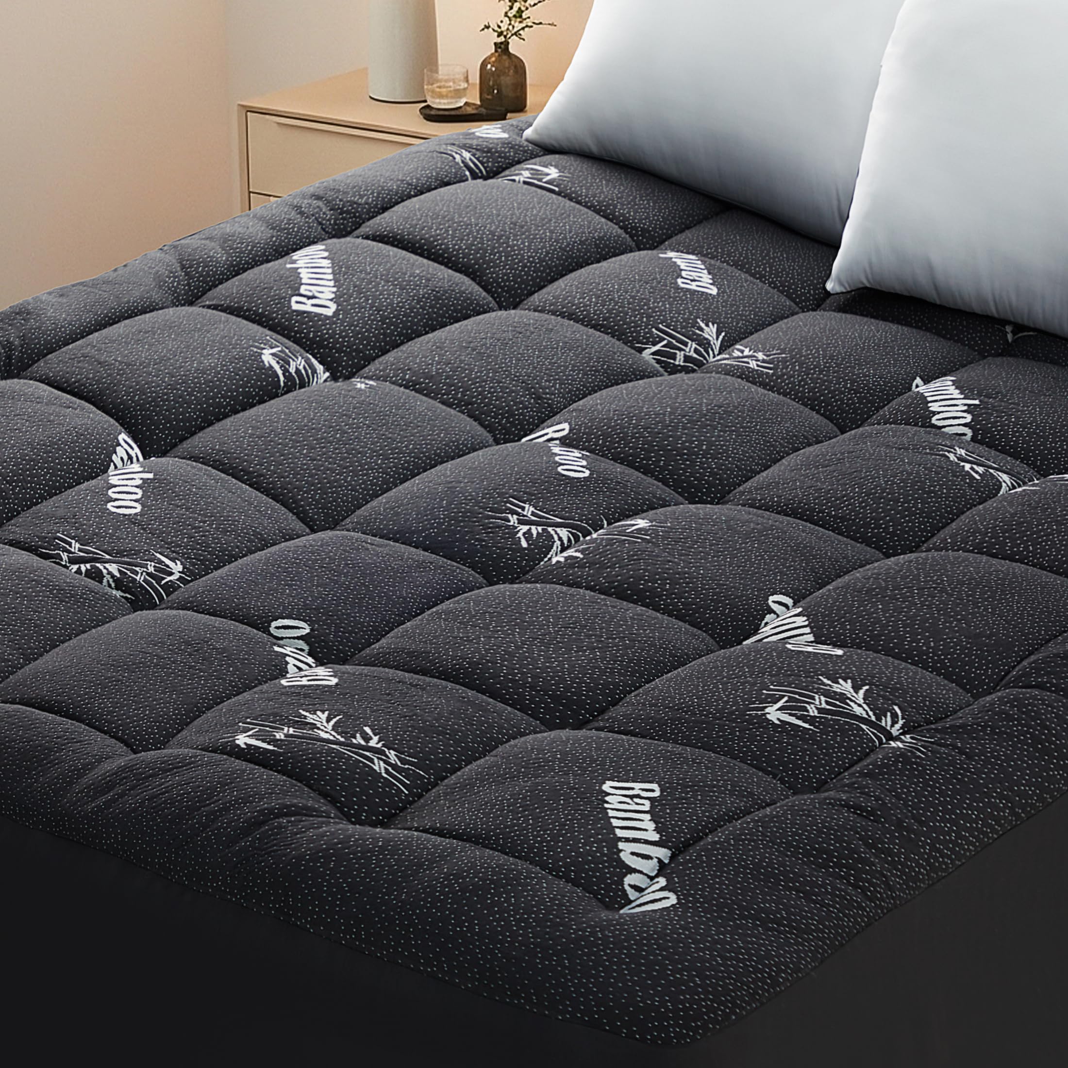 Bamboo Viscose Mattress Topper & Protector – Quilted Soft Design for Back Pain Relief & Enhanced Comfort, Black (Queen)