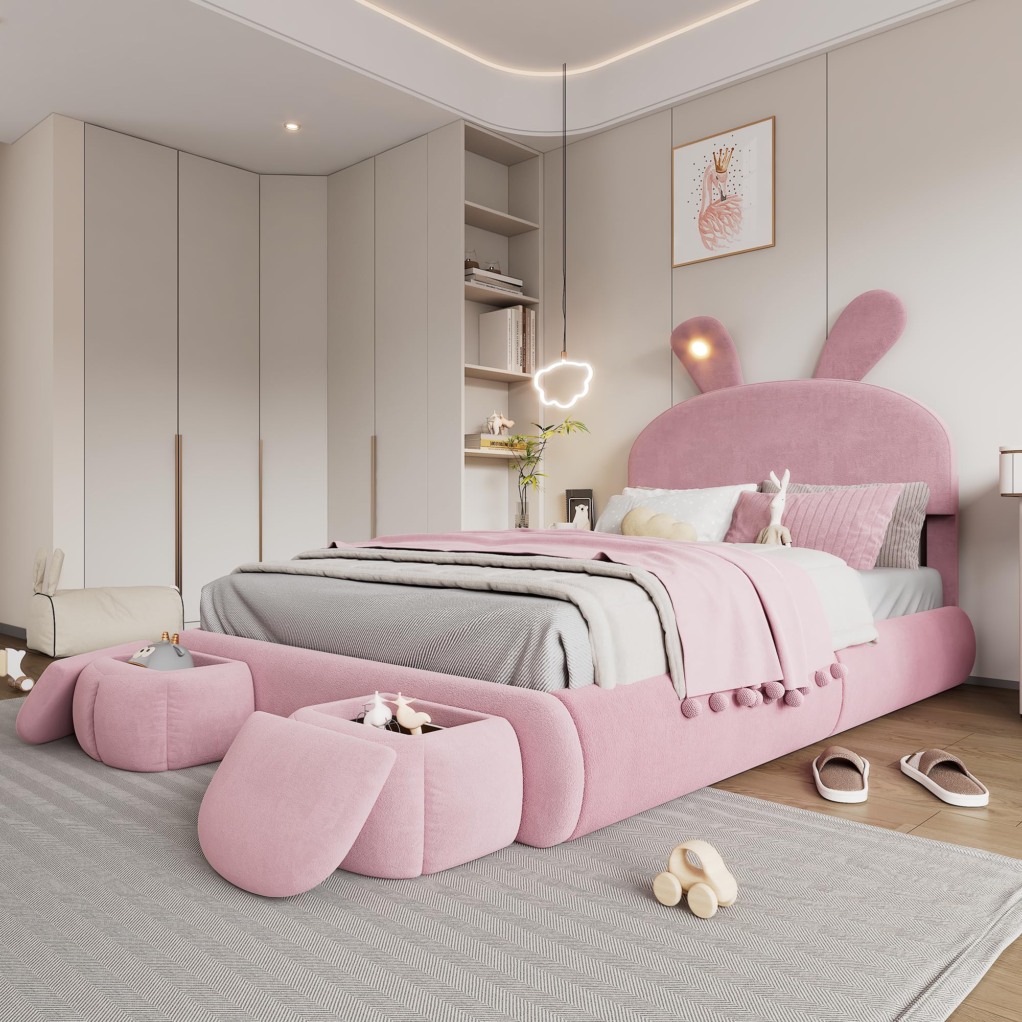 Letto Matrimoniale con Contenitore 140x200 con LED e 2 Sgabelli Contenitore, Letto Una Piazza e Mezza con Testiera e Vano Portaoggetti, Bambini con Rete a Doghe Struttura in Velluto, Rosa