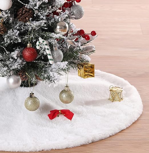 White Tree Skirts 24 Inches Plush Christmas Tree Skirt Small Faux Fur Tree Mats for Small Trees Xmas Party Holiday Decorations