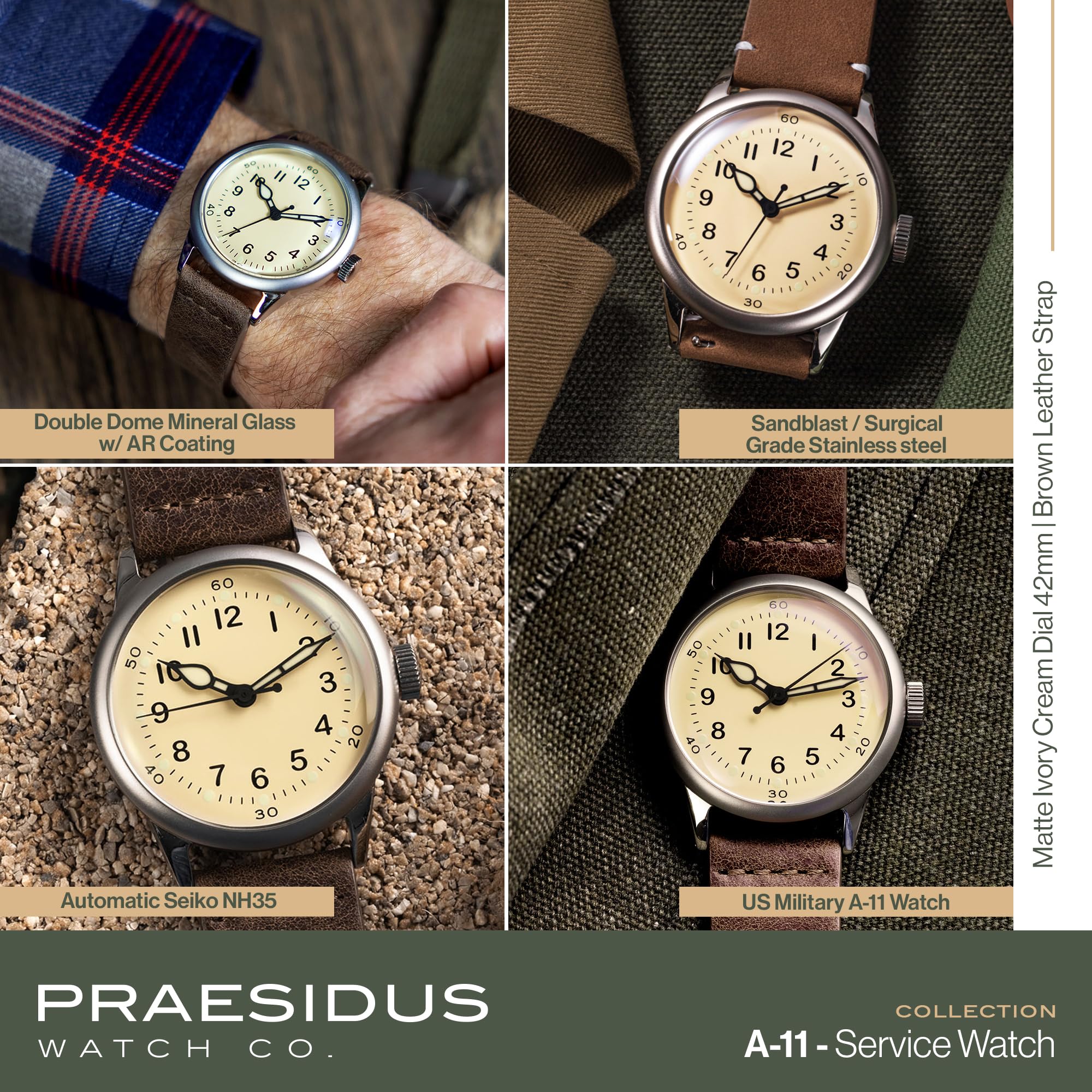 PRAESIDUS | 𝗔-𝟭𝟭 𝗦𝗲𝗿𝘃𝗶𝗰𝗲 𝗪𝗮𝘁𝗰𝗵 - Men's Wrist Watches - A11, Military - 38/42mm, Assembled in The USA | Automatic, WW2, Gifts for Men