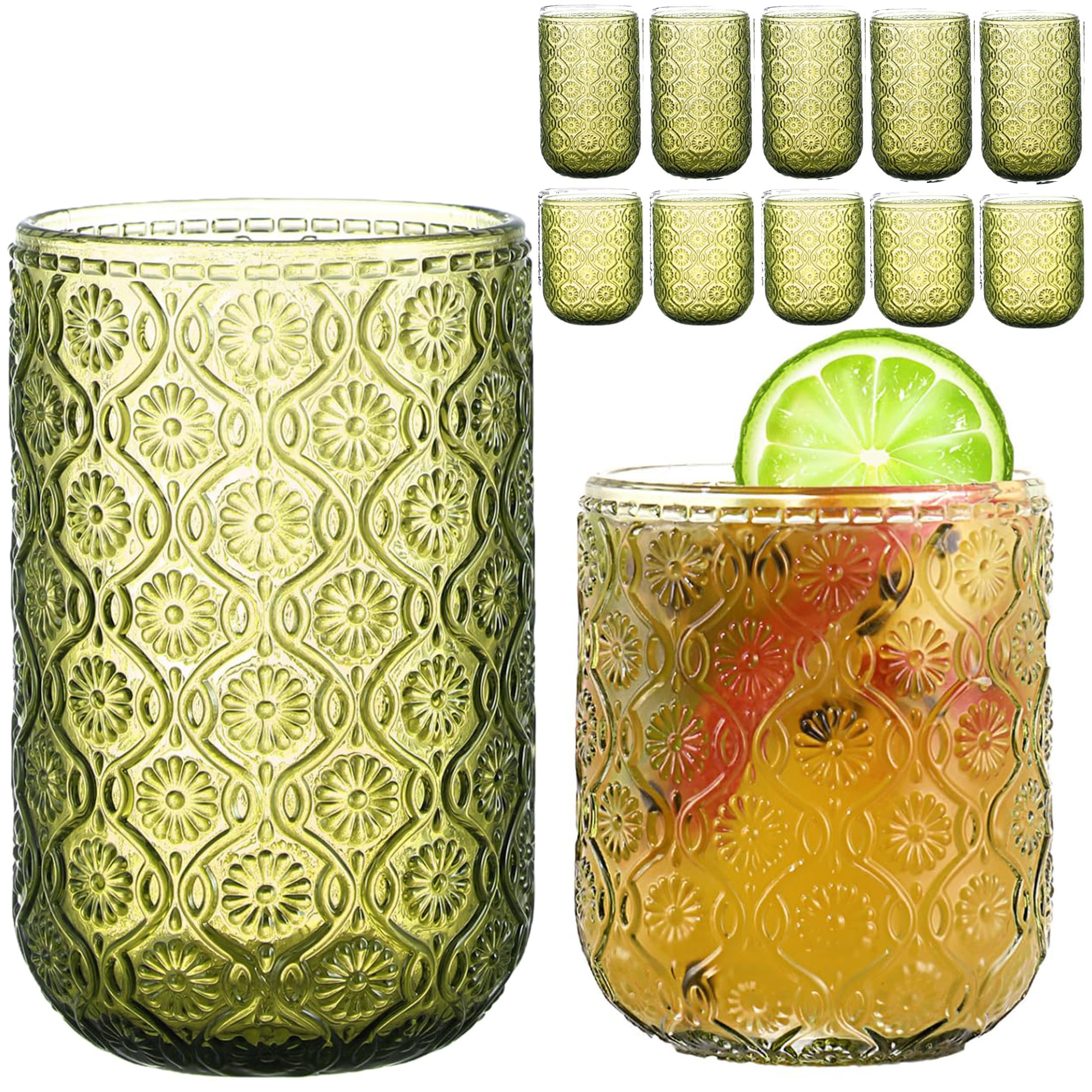 Juego de 12 vasos vintage verdes con relieve floral, vasos altos y de cóctel (12 onzas y 10 onzas) | Ideal para agua, jugo, cerveza, cócteles y whisky