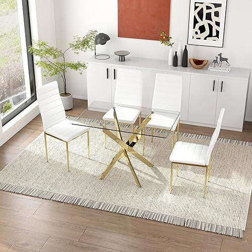 Miniatura 4 de Juego de 4 sillas de comedor blancas, cromadas doradas, modernas, suaves, acolchadas, con respaldo alto, para comedor, cocina (4, color blanco con