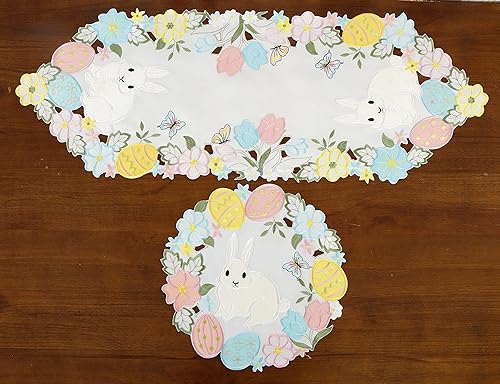 Miniatura 6 de Camino de mesa de Pascua con diseño de conejitos de primavera, huevos, flores, bordado, floral y conejos, huevos, tocador, bufanda, decoración de
