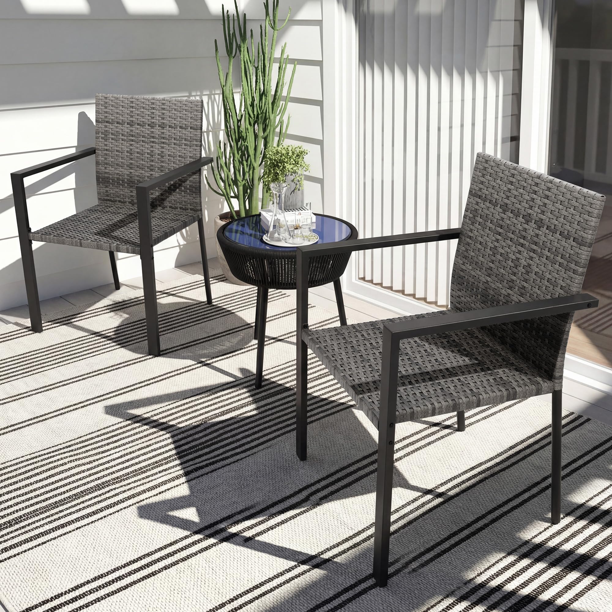 UDPATIO Gartenstühle Stapelbar 4er Set, Gartenstuhl Hochlehner aus Polyrattan, Rattan Stühle, Stapelstühle Wetterfest, Balkonstuhl Metall, Terrassenstühle für Garten, Outdoor, Grau
