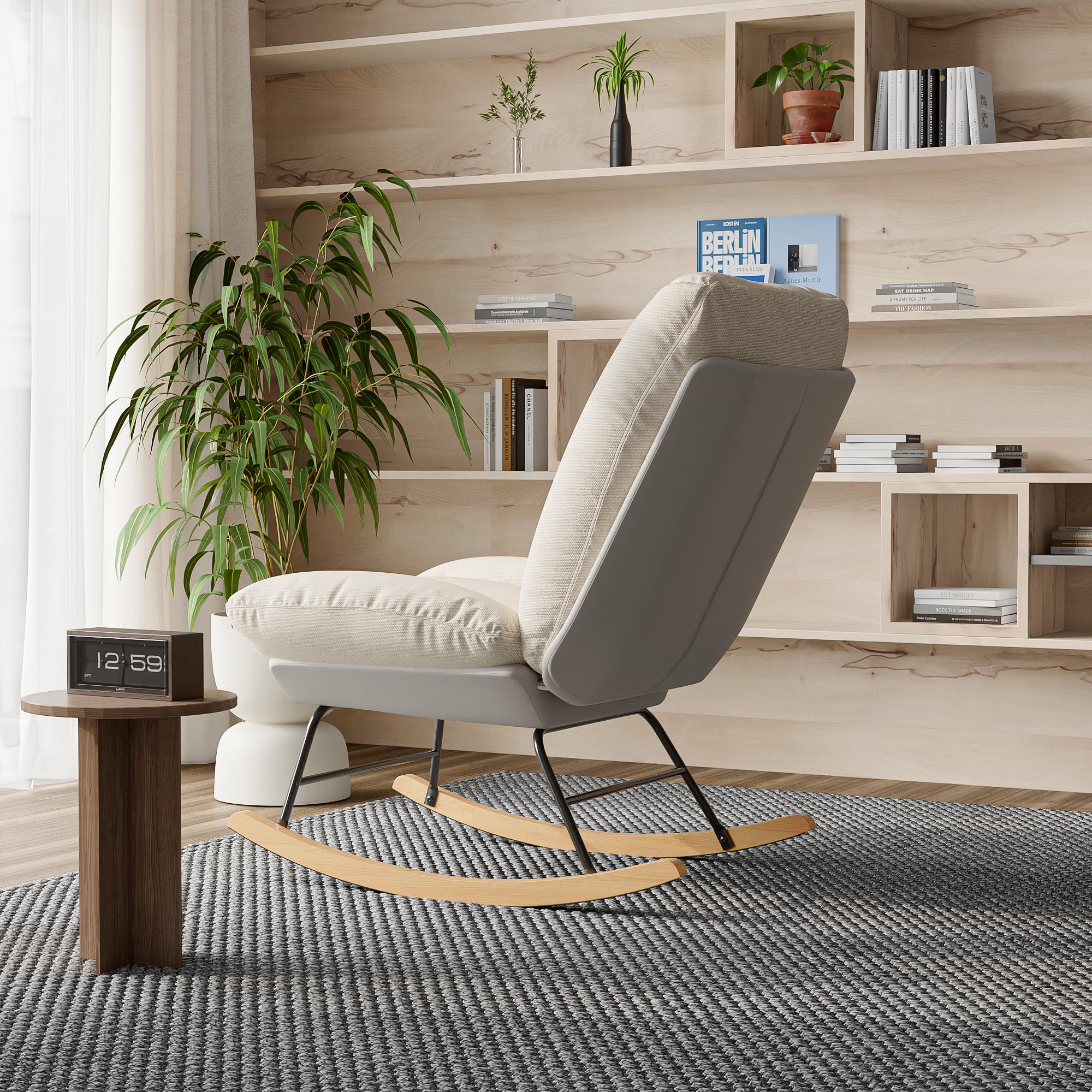 Fauteuil à Bascule, Rocking Chair, revêtement Bouclette, Fauteuils Allaitement, Chaise à Bascules, Fauteuil à Bascule Moderne, Rembourré en Tissu Beige, Cadre en Métal et Bois, Beige