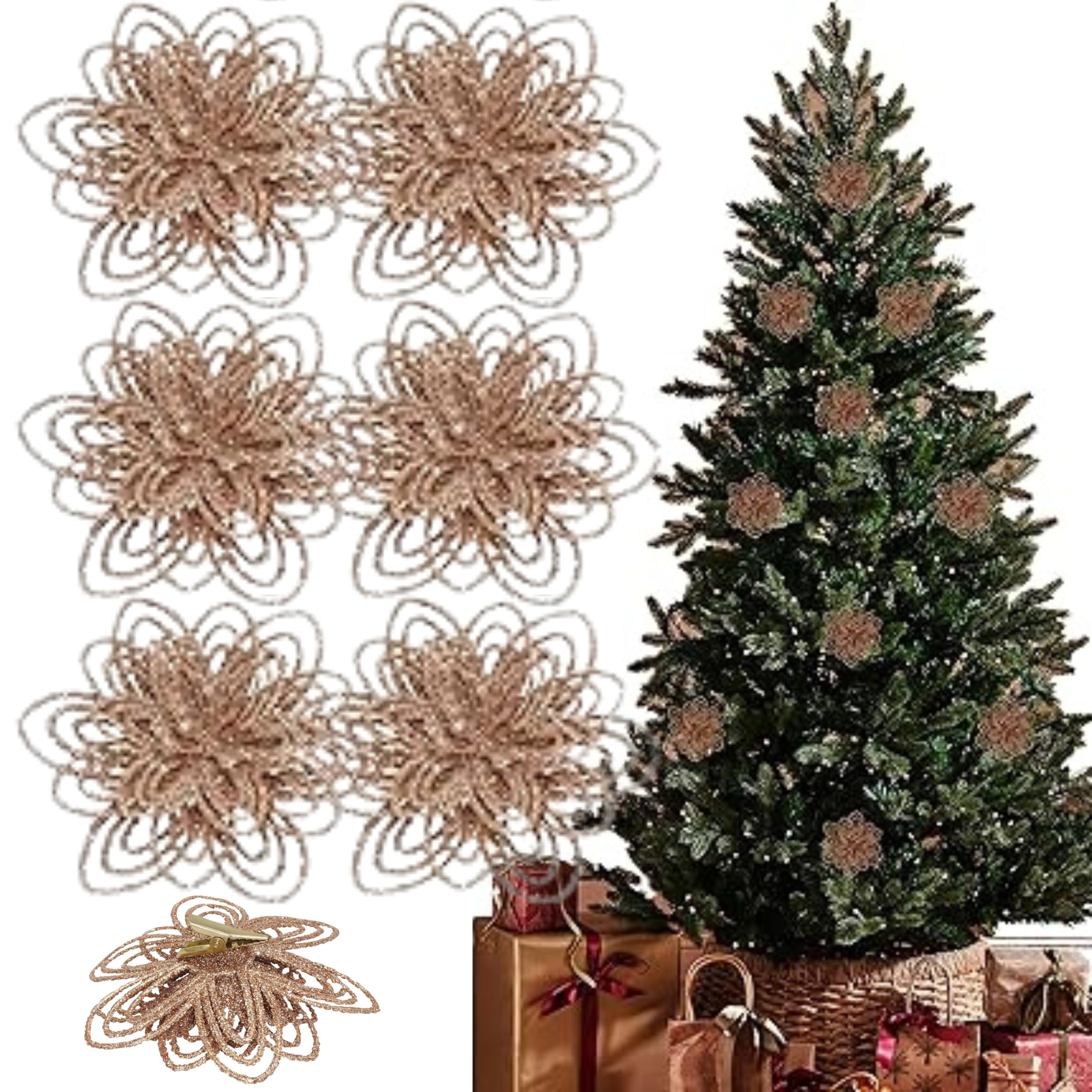 Srv Hub Rose Gold 6X Glitter Poinsettia Christmas Tree Decorations – Clip-On Artificial Flowers For Xmas Tree, Wreaths & Garland – Shiny Christmas Ornaments For Holiday & Party Décor