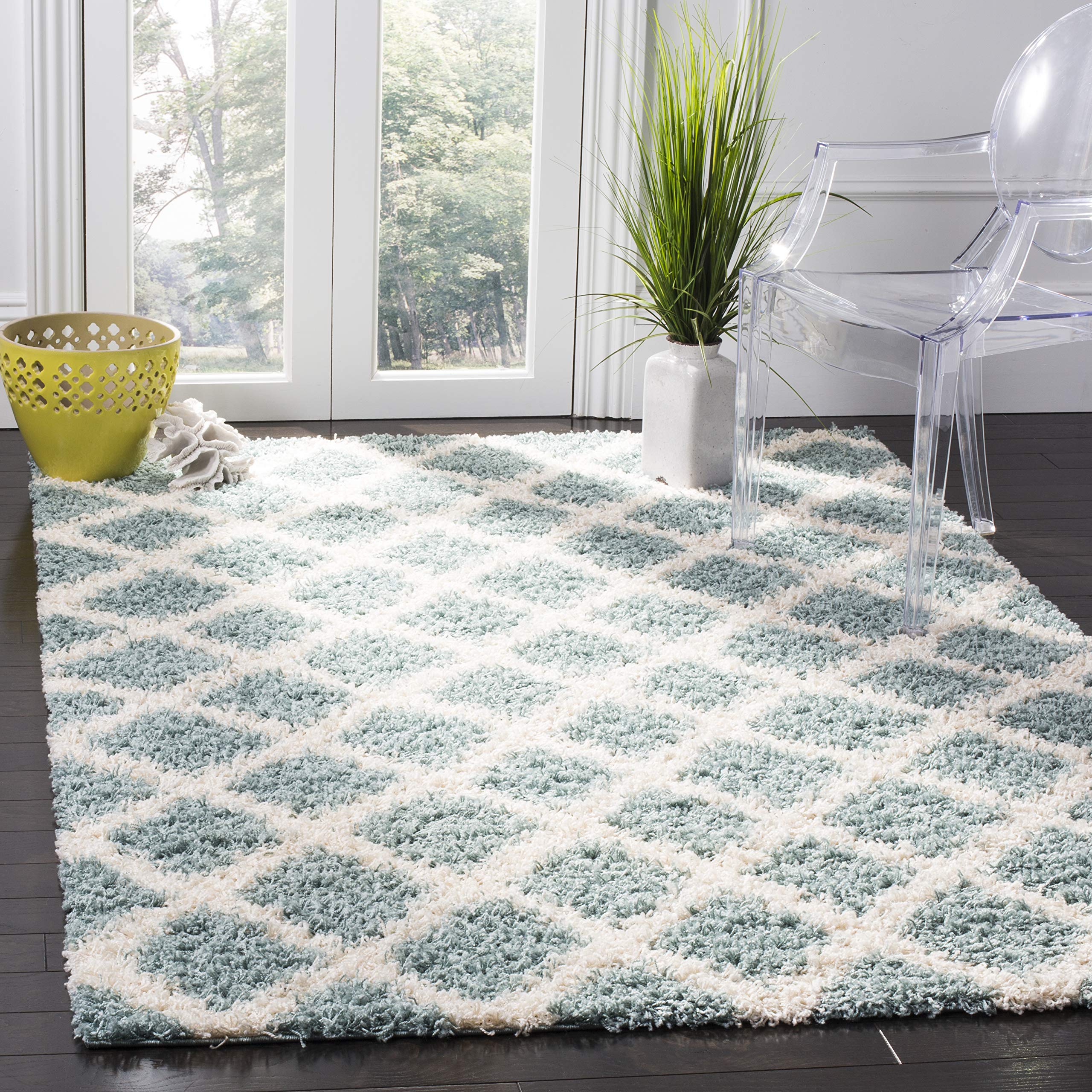 Safavieh Shaggy Indoor Woven Rectangle Area Rug, Dallas Shag Collection, SGD258, in Seafoam/Ivory, 122 x 183 cm for Living Room, Bedroom or Any Indoor Space