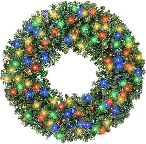 Miniatura 13 de Casafield Corona de Navidad artificial de abeto preiluminada de 48 pulgadas, 200 luces LED, 860 puntas de PVC para puerta delantera, ventana o mantel