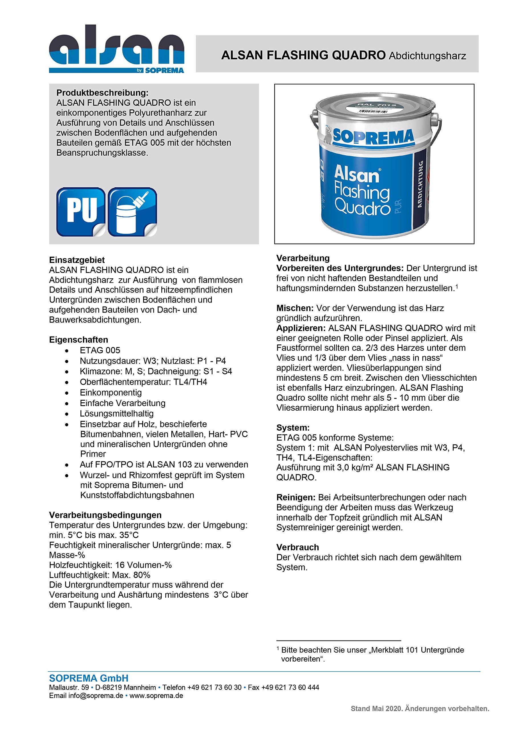 ALSAN Flashing Quadro 5,0kg RAL 7040 fenstergrau einkomponentiger Polyurethan Flüssigkunststoff zur Abdichtung Flachdach