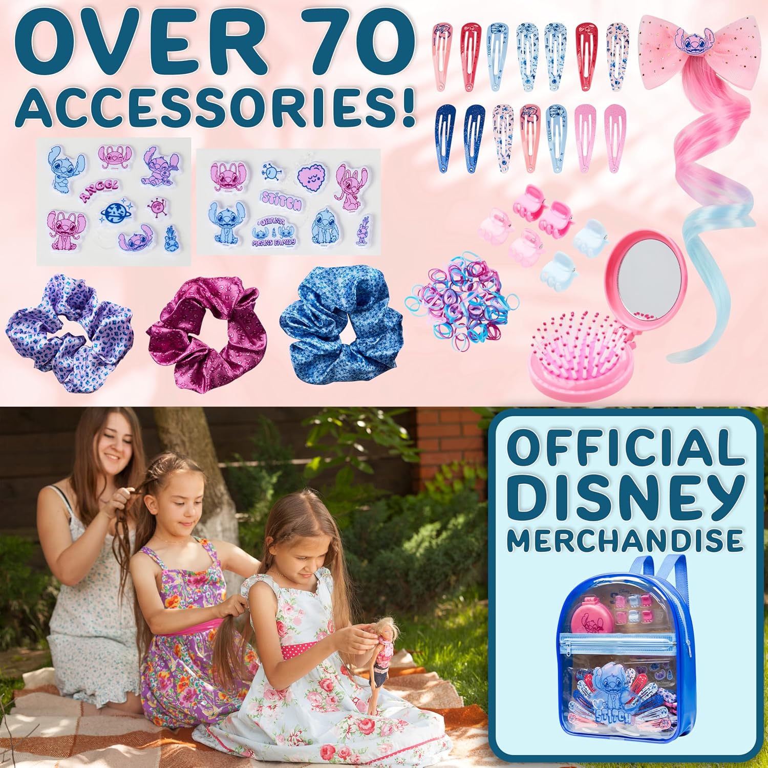 Disney Stitch Hair Accessories Clear Backpack Set Gifts for Girls, Hair Ties, Clips, Stickers, Brush, Bands, Scrunchies, Cute Travel Bag (Blue Stitch)
