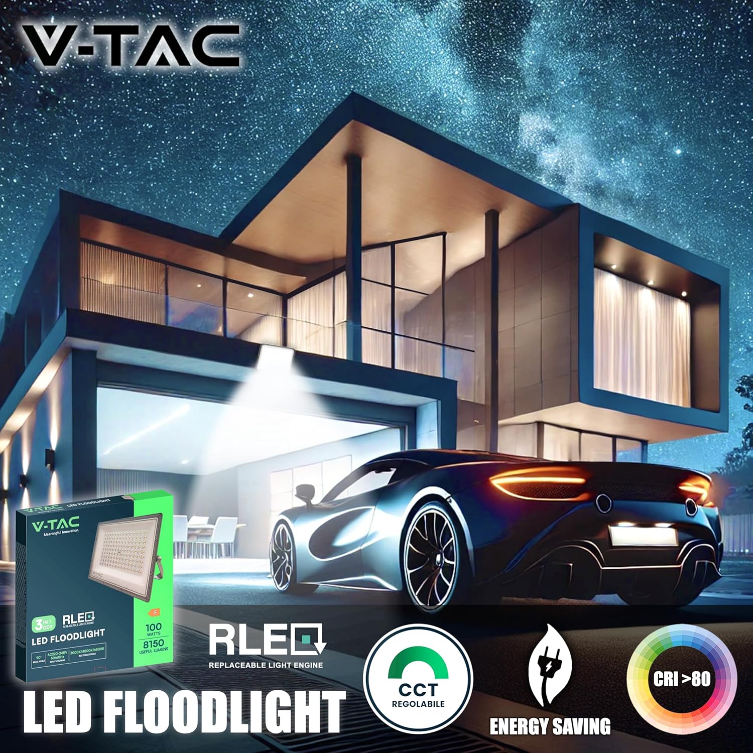 V-TAC 100W LED Floodlight illuminating a car