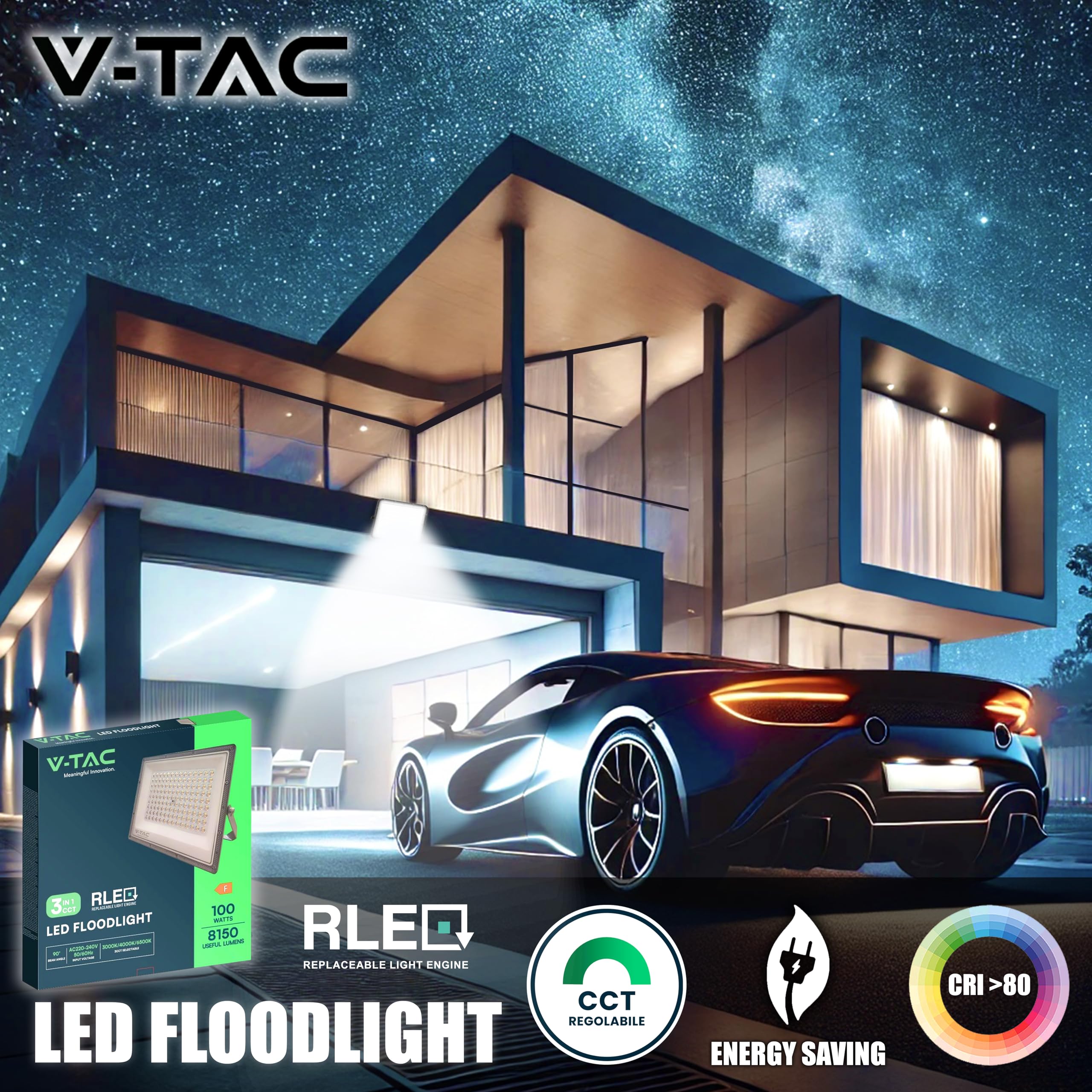 V-TAC Faro LED da Esterno 100W - [Chip Samsung + Tecnologia RLE] - 8150 Lumen - IP65 - Proiettore Faretto LED Nero Casa, Giardino, Garage, Magazzino - Luce CCT 3 IN 1 Calda, Fredda o Naturale
