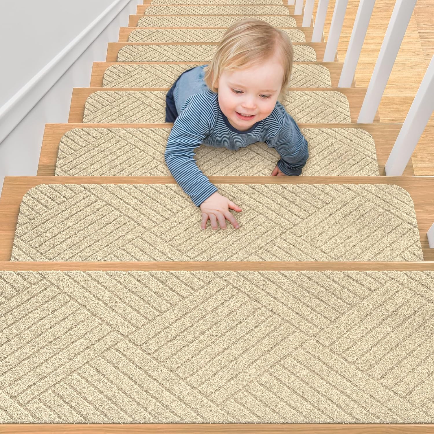 Product image of Aenithsy Stair Treads Non Slip Indoor, 15 Pack 30"x8" Stair Runners for Wooden Steps with Reusable Adhesive, Washable Stair Carpet Mats for Elders, Kids and Pets, Beige