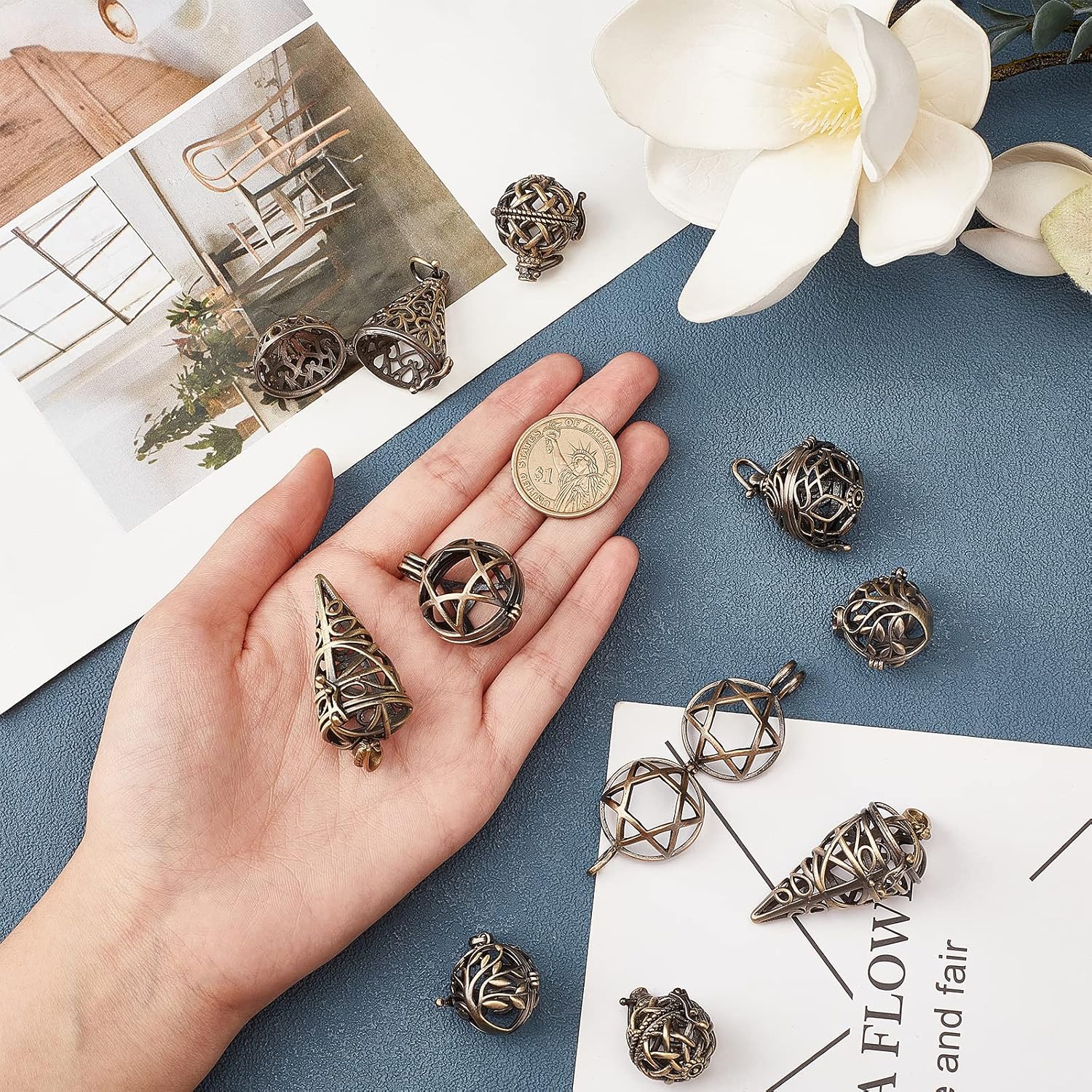 SUNNYCLUE 10Pcs Brass Locket Charms Cage Pendants Chime Ball Pendant Bulk Tree of Life Stone Holder Necklace Cage Locket Charms for Jewelry Making Hollow Empty Hexagram Charm Keychain Supplies Craft