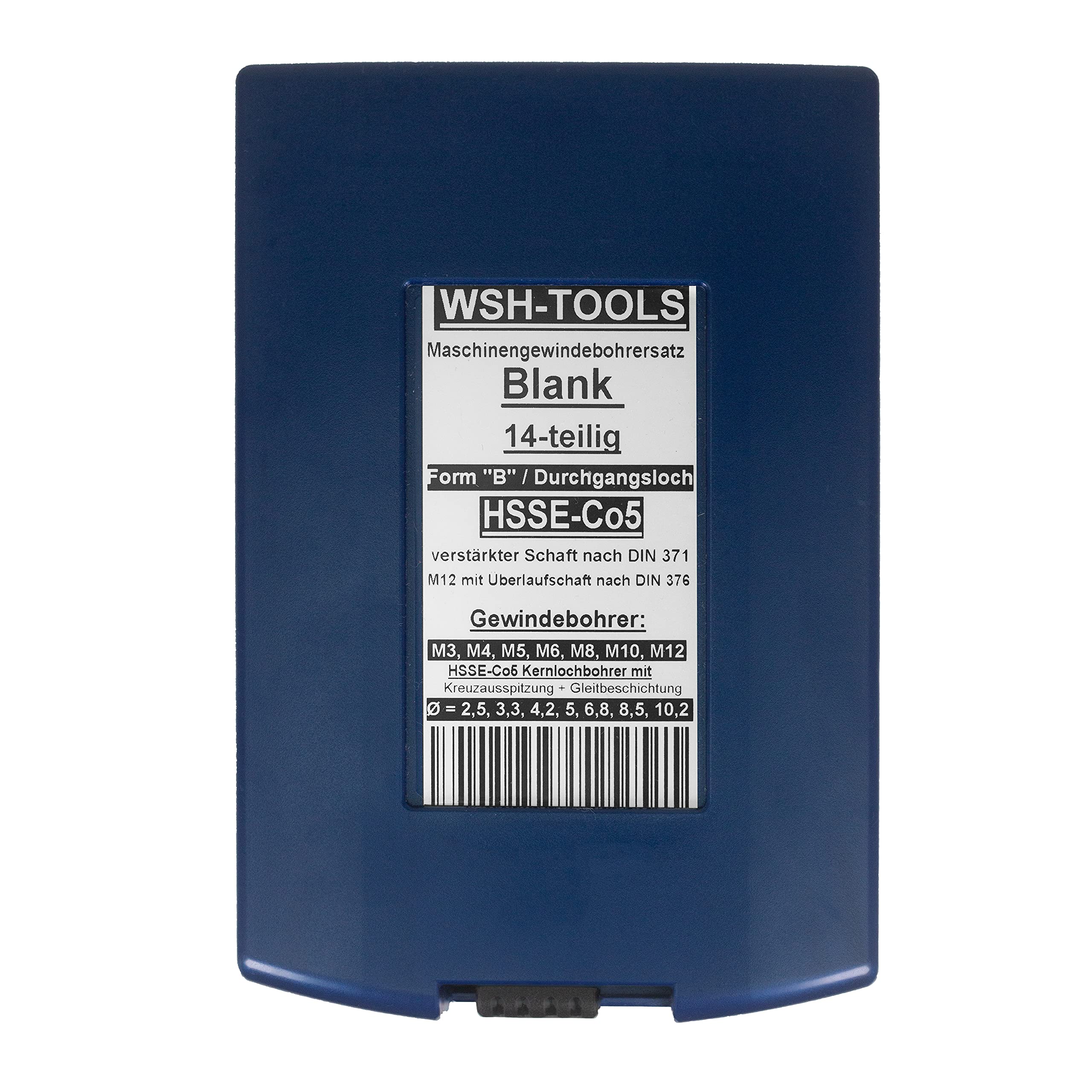 Zestaw gwintowników maszynowych z otworami przelotowymi M3, M4, M5, M6, M8, M10, M12 HSSE-Co5, pudełko z tworzywa sztucznego, 14-częściowy pusty