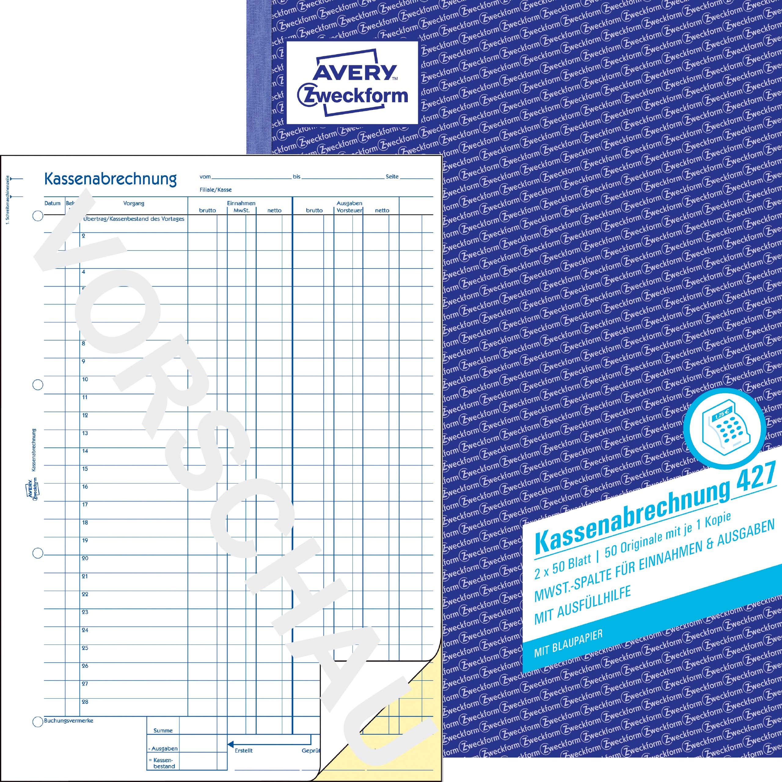 AVERY Zweckform 427-5 Kassenabrechnung (A4, 2x50 Blatt, 1 Blatt Blaupapier, MwSt.-Spalte für Einnahmen & Ausgaben, von Rechtsexperten geprüft, für DE/AT, ordungsgemäße Buchführung) 5er-Pack, weiß/gelb