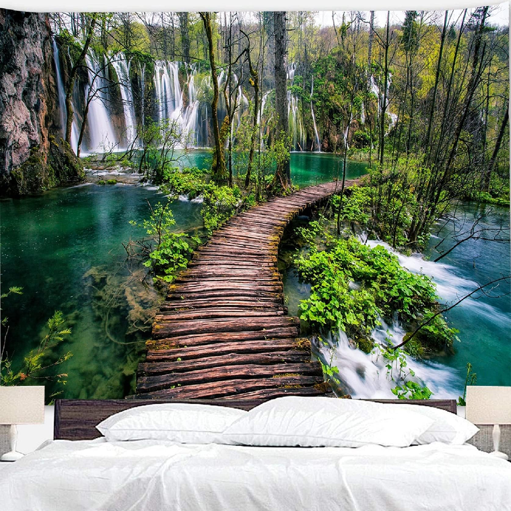 Green Nature Tapestry, Waterfall Rainforest River Wooden Bridge Wall Hanging Tapestry Decor for Living Room Bedroom Home Decoration Tapestries Blanket（Extra large 67.4x110 Inchs(170x280 cm)