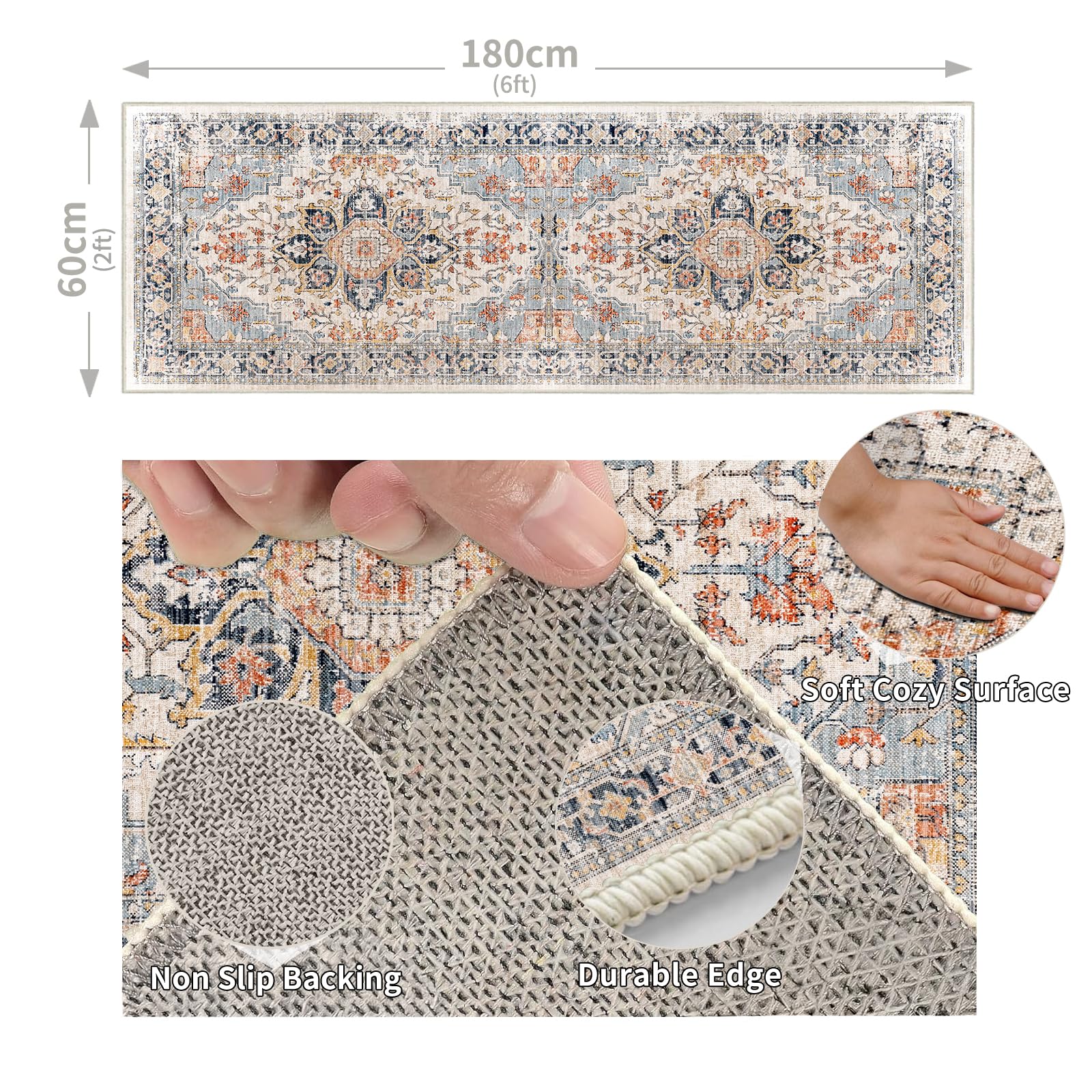 Cycleader 60x180cm Non-Slip Washable Runner Rug for Hallway, Vintage Boho Faux Cashmere Carpet Anti-Fatigue Kitchen Rugs Indoor Soft Long Floor Mat Low Pile Runners with Anti-Slip Backing for Bedroom - Image 2
