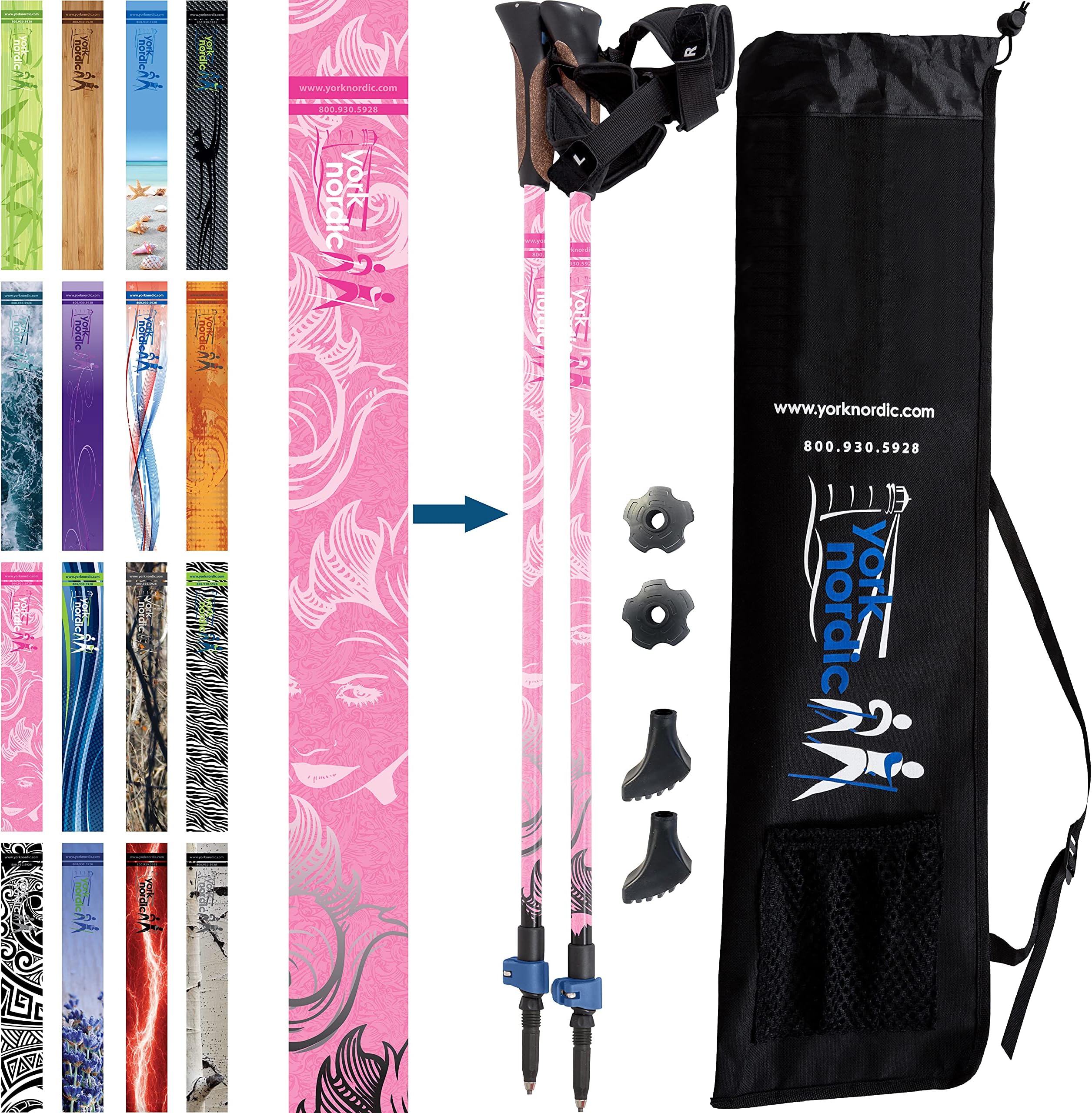Official Nordic Walking Poles - True Classic Nordic Glove Grips, Lightweight, Adjustable, and Collapsible -2 Pieces w/flip Locks, Detachable Feet and Travel Bag by York Nordic - Heights 5'4"-6'2"