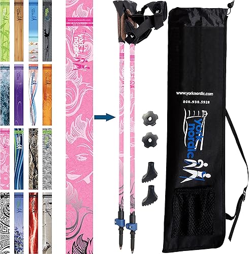 Miniatura 12 de York Nordic - Bastones de senderismo oficiales nórdicos clásicos, ligeros, ajustables y plegables, 2 piezas con cierres abatibles, pies desmontables