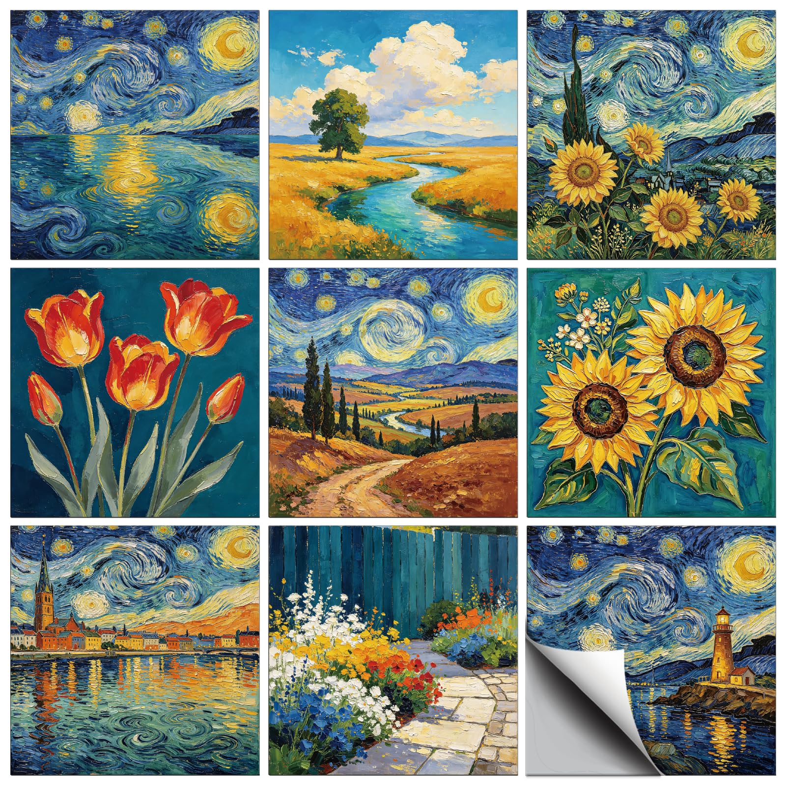 CONCHLERY 72 Pcs Van Gogh Style Landscape Painting Patten Tile Sticker Wall Tile Stickers Waterproof Self Adhesive Stick on Decals for Kitchen Bathroom Wall Art 4×4 Inch