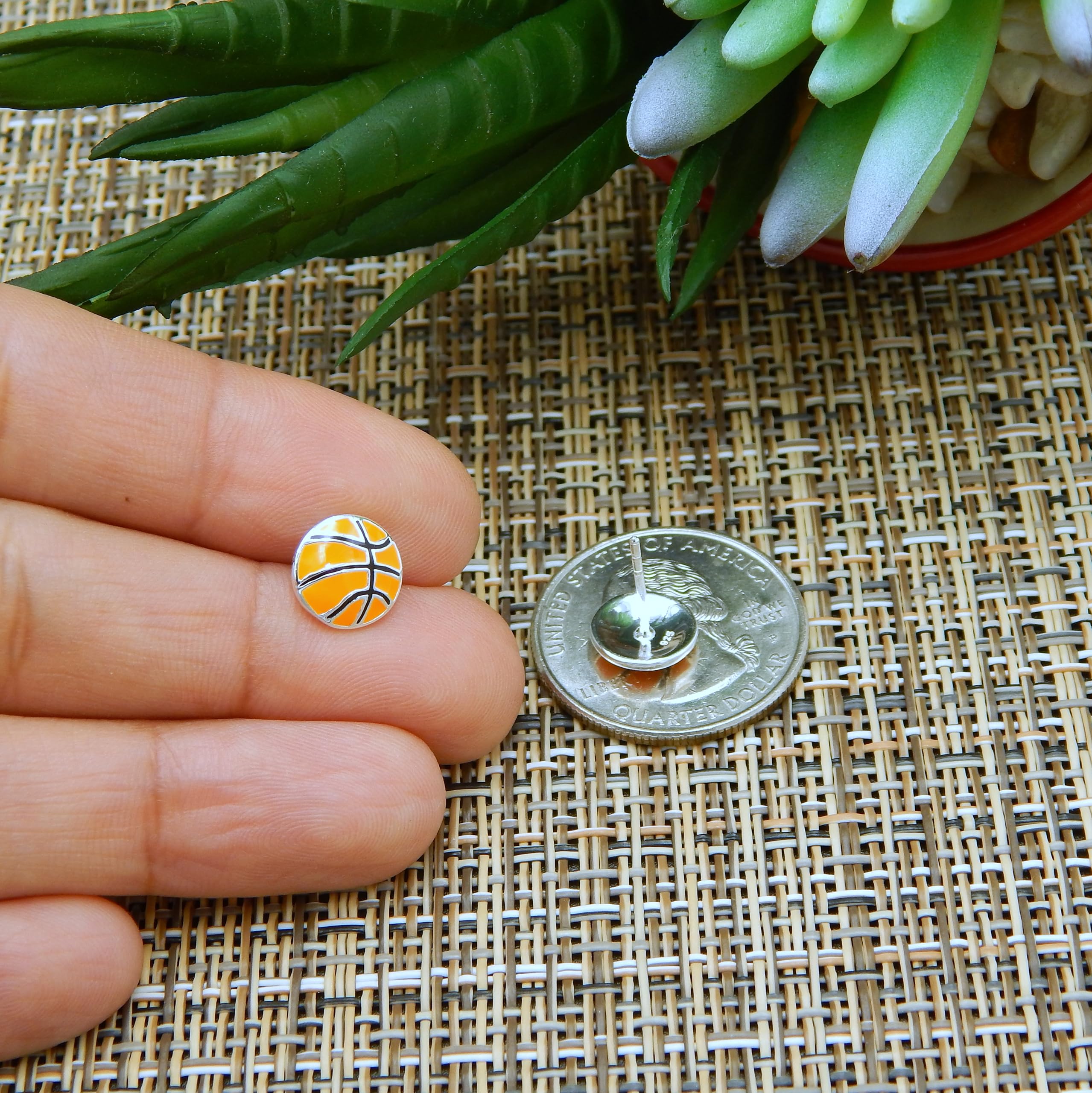 Solid 925 Sterling Silver Sports Fan Stud Earrings Hypoallergenic, Baseball, Basketball,Tennis ball, Soccer ball, Football, Volleyball Your Choice (Basketball)