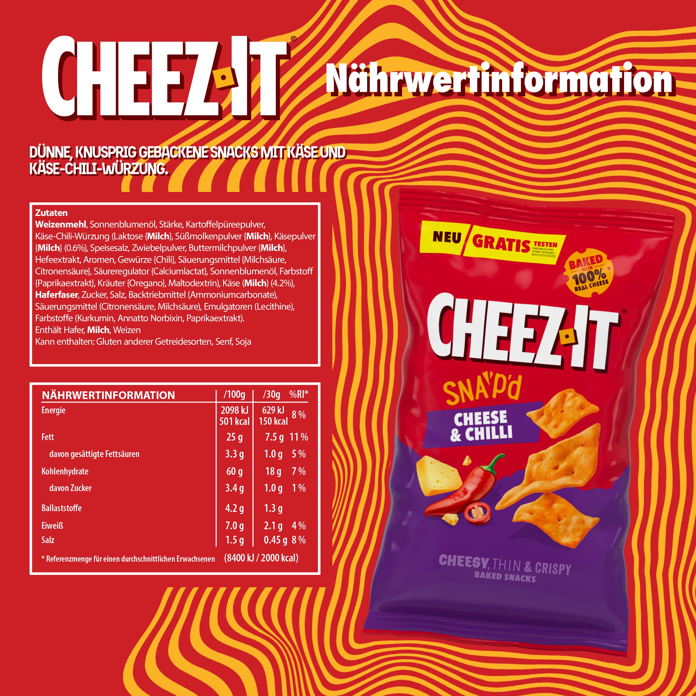 Cheez-It Snap'd Cheese & Chilli Chips 14 x 120 g pikante Käse Chips gebackener Snack