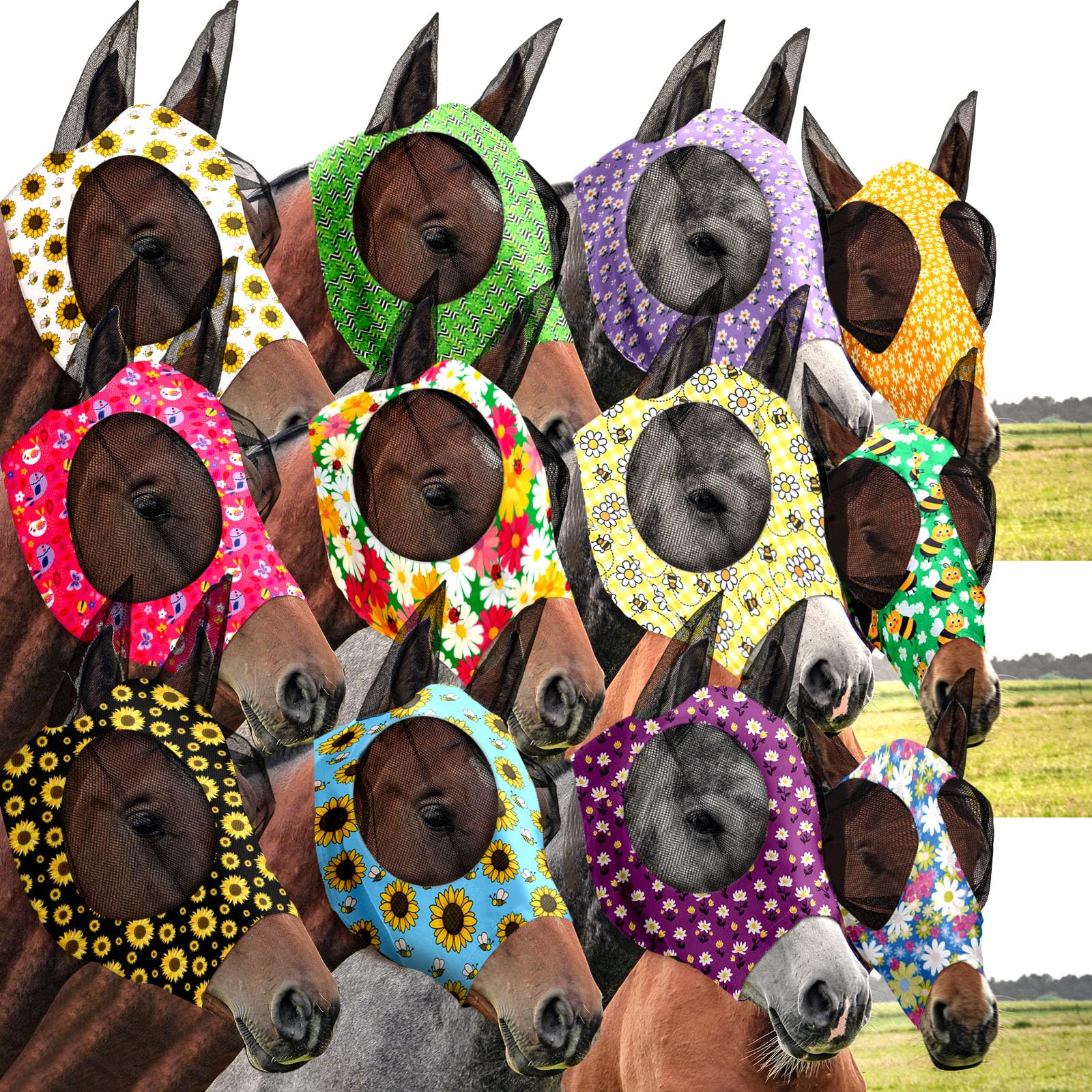 Qualirey 12 Stück Pferd Fliegenmaske Bulk Bequeme Elastizität Maske für Pferde mit Ohren Netz UV Schutz Atmungsaktive Pferdebedarf Gesichtsbedeckung für Pferd Pony und Fohlen (Blumenmuster, Medium)