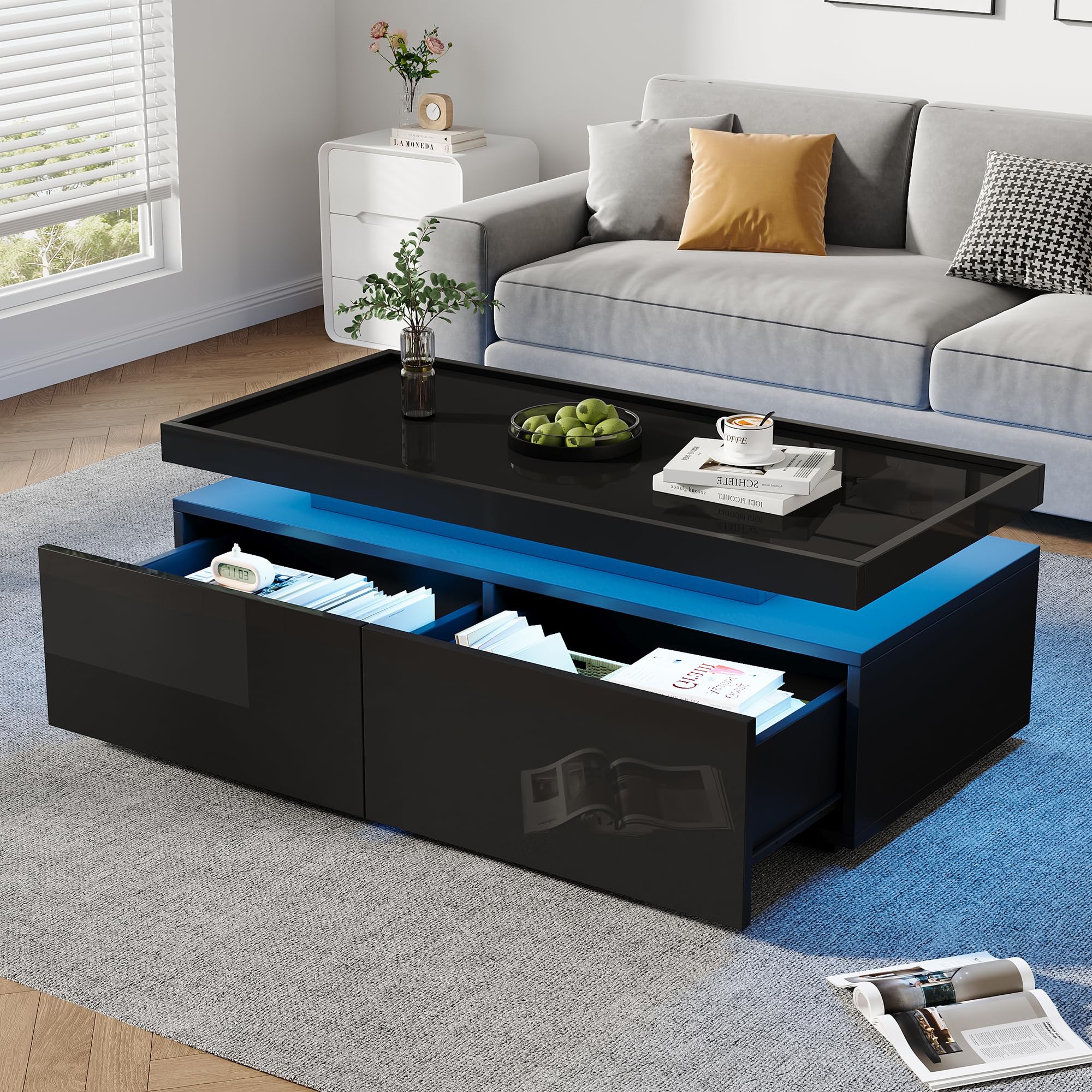 Stolik kawowy 95 x 45 x 35 cm czarny | stół do salonu, stolik kawowy | Nowoczesny stół do salonu z diodami LED, miejscem do przechowywania i szufladami – idealny jako stolik na co dzień i
