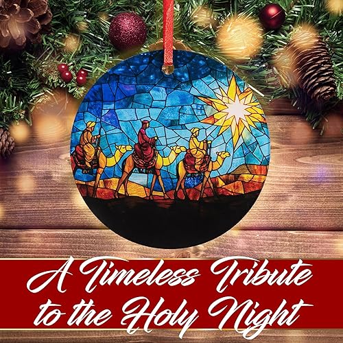 Miniatura 4 de Three Wise Men - Adorno de Navidad acrílico estilo vitral - Magos redondos de 3.5 pulgadas siguiendo la estrella - Decoración católica de árbol de