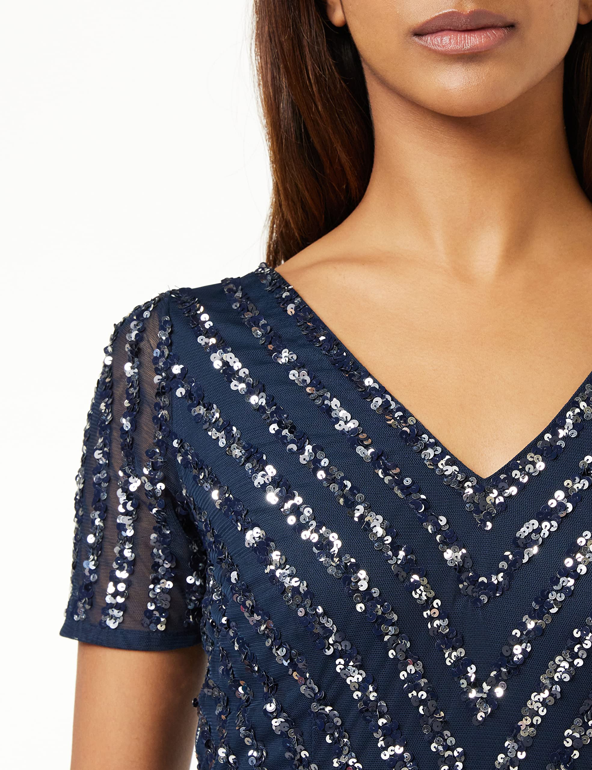 Maya Deluxe Damska sukienka maxi, damska, z wyszywanymi cekinami, z długim rękawem, dekolt w serek, wysoka talia, krój A, błyszcząca, na studniówkę, wesele, dla druhny, grantowy, 48