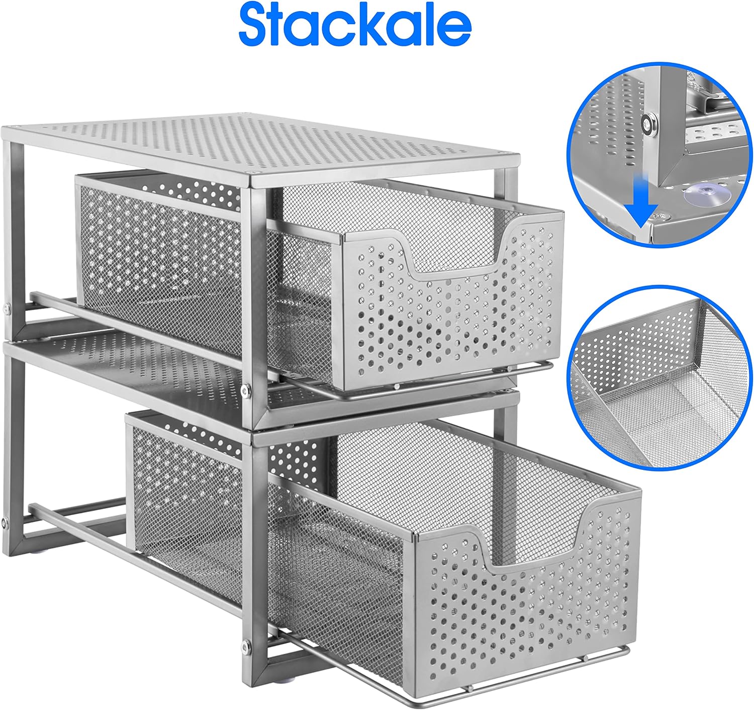Simple Trending Under Sink Cabinet Organizer with Sliding Storage Drawer, Desktop Organizer for Kitchen Bathroom Office, Stackbale, Silver
